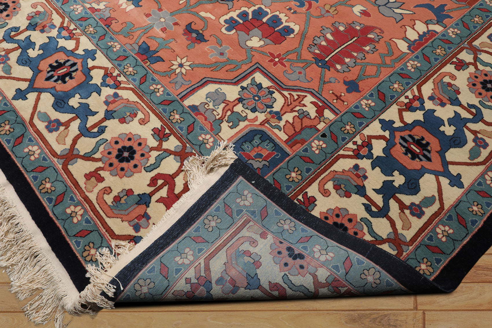 Palace Peach, Midnight Blue, Ivory Color Hand Knotted All-Over 100% Wool Traditional Oriental Rug