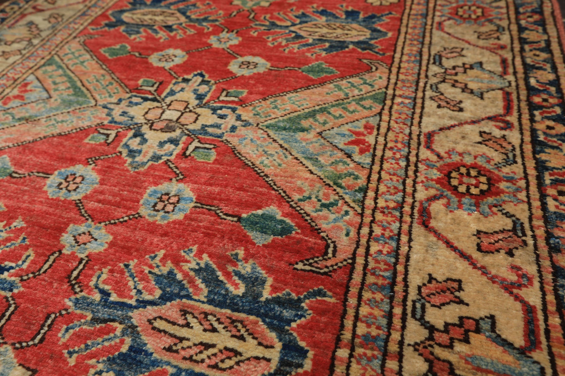 Runner Coral, Moss, Navy Color Hand Knotted Kazak Wool Traditional Oriental Rug