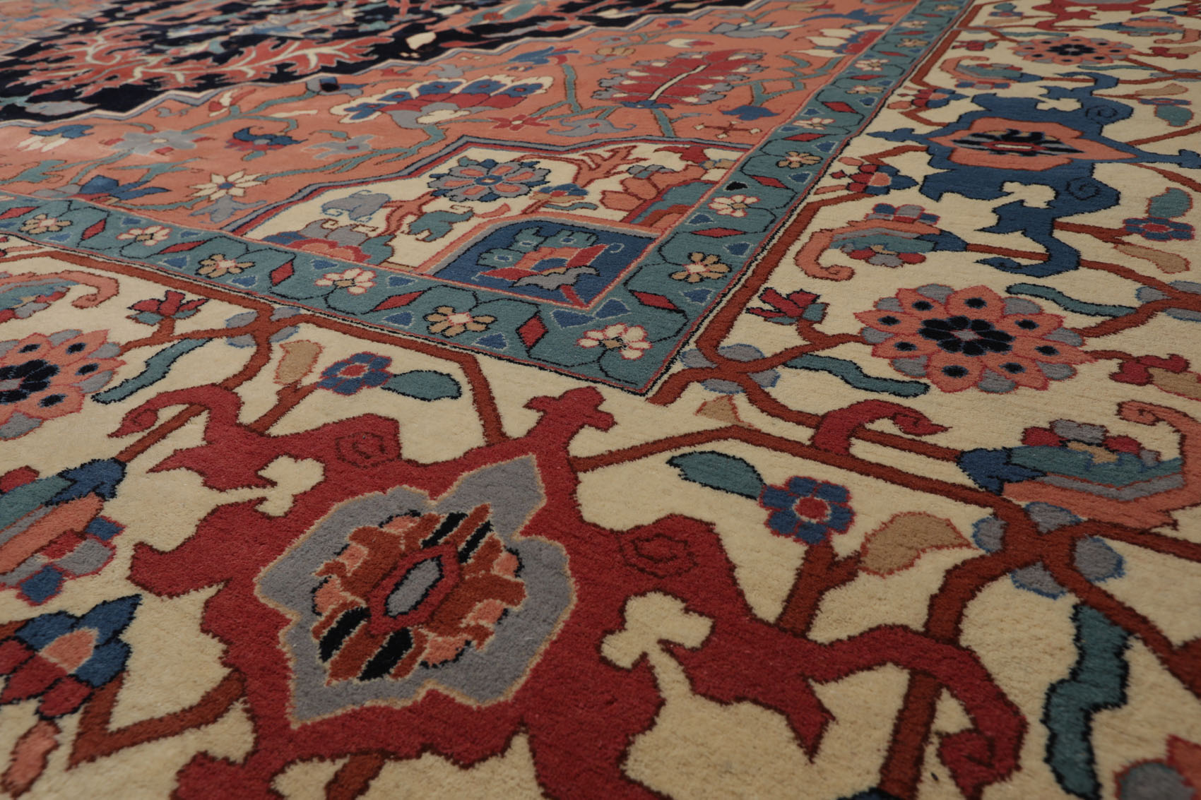 Palace Peach, Midnight Blue, Ivory Color Hand Knotted All-Over 100% Wool Traditional Oriental Rug