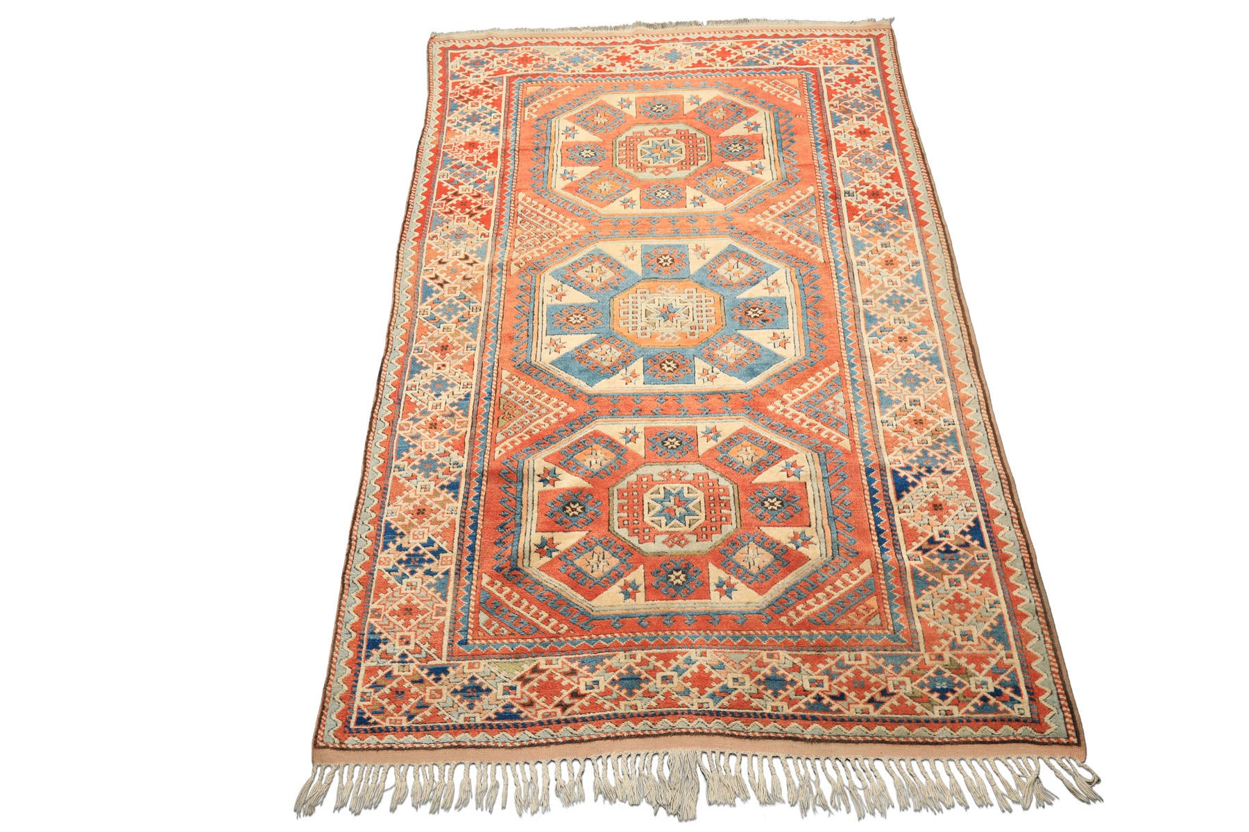 6x9 Burnt Orange, Ivory, Blue Color Hand Knotted Caucasian Kazak Wool Traditional Oriental Rug