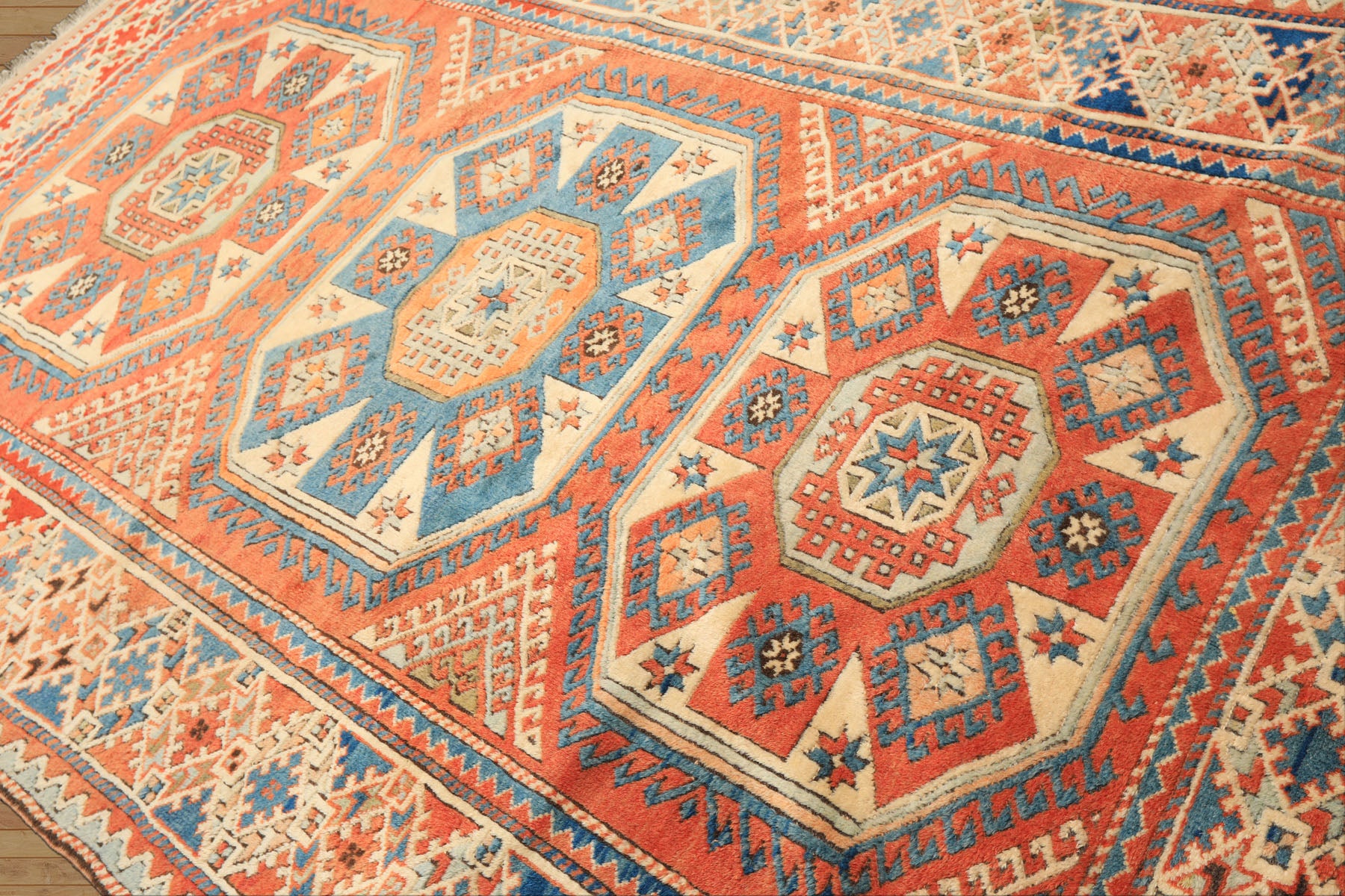 6x9 Burnt Orange, Ivory, Blue Color Hand Knotted Caucasian Kazak Wool Traditional Oriental Rug