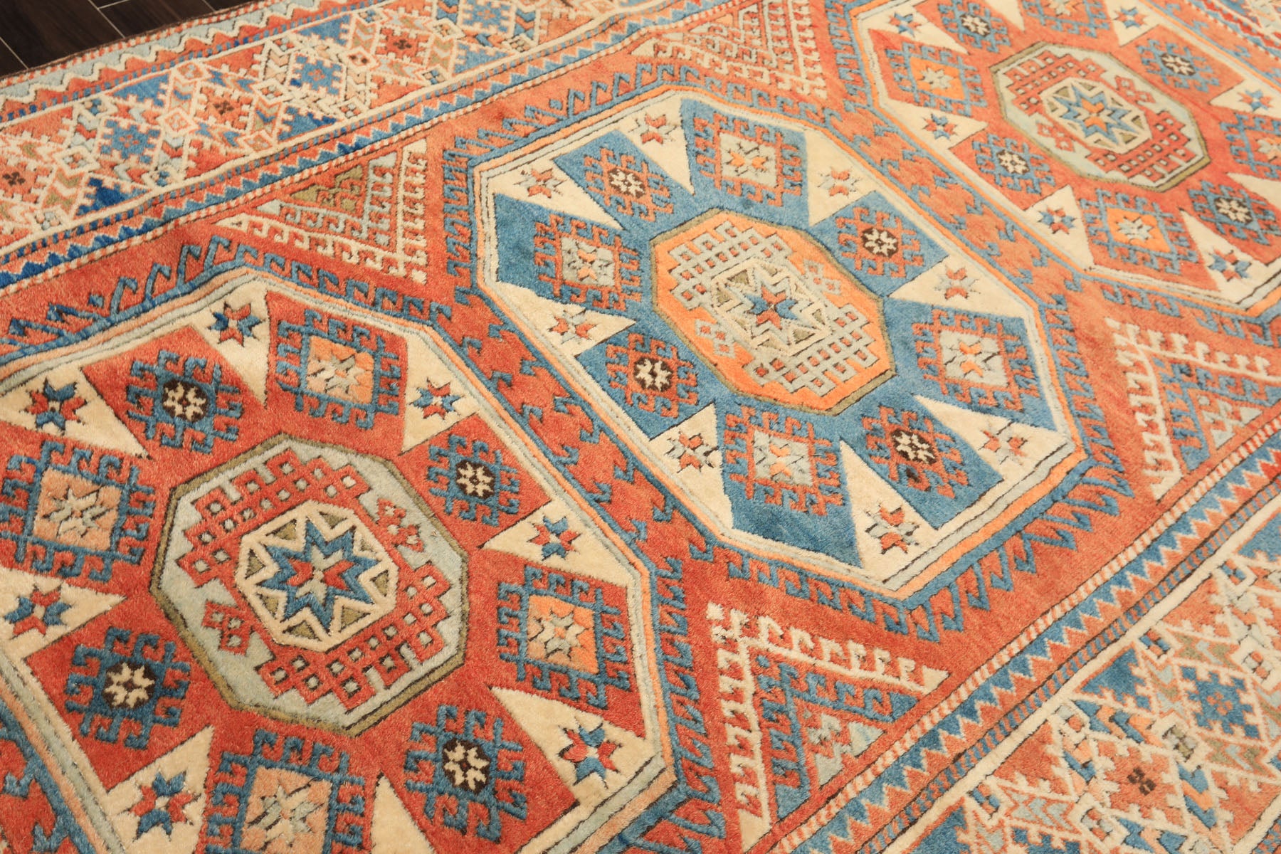 6x9 Burnt Orange, Ivory, Blue Color Hand Knotted Caucasian Kazak Wool Traditional Oriental Rug