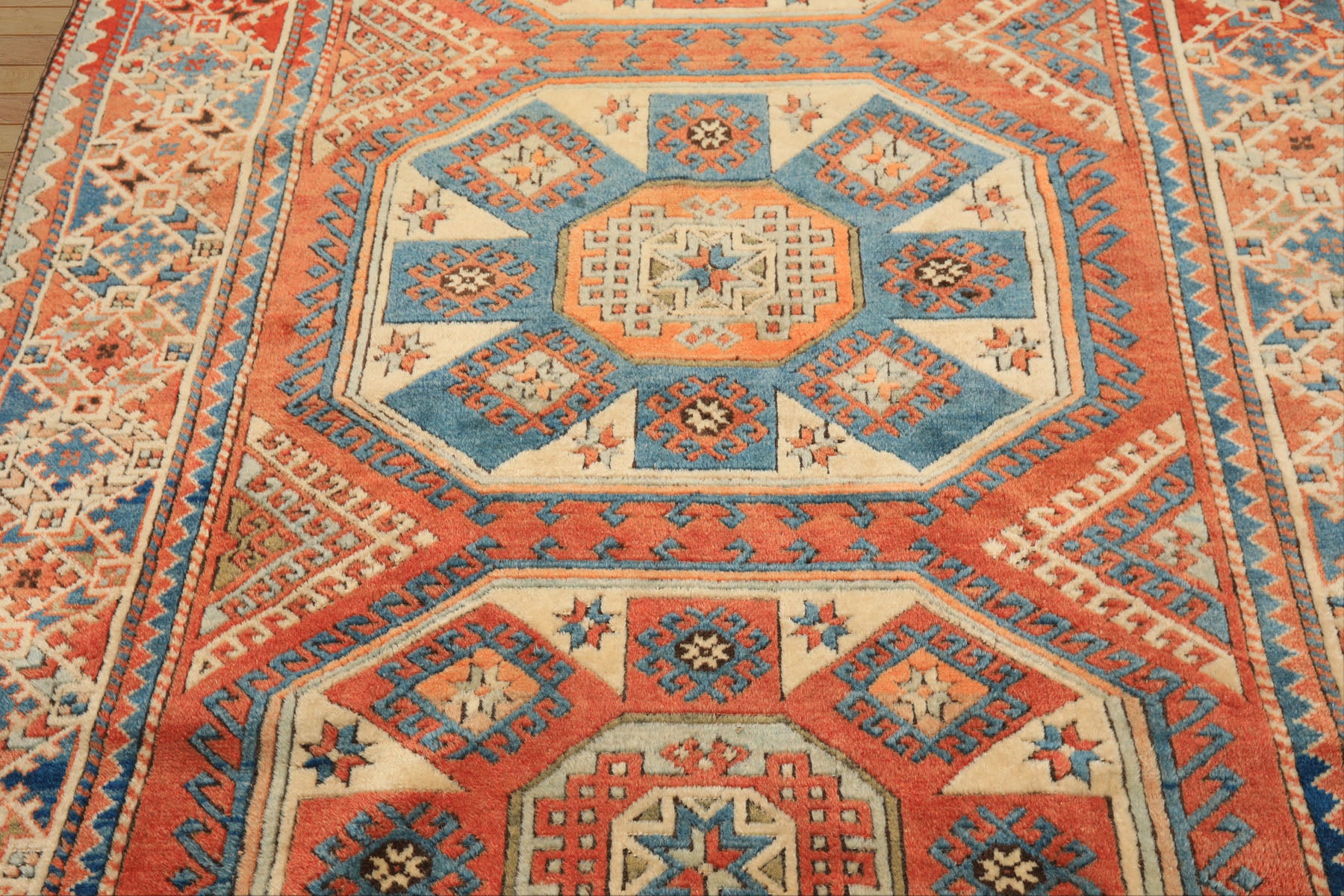 6x9 Burnt Orange, Ivory, Blue Color Hand Knotted Caucasian Kazak Wool Traditional Oriental Rug