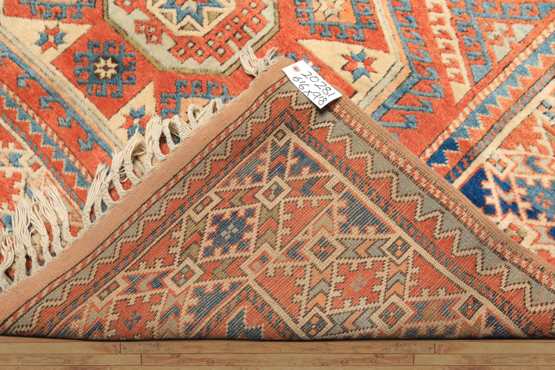 6x9 Burnt Orange, Ivory, Blue Color Hand Knotted Caucasian Kazak Wool Traditional Oriental Rug