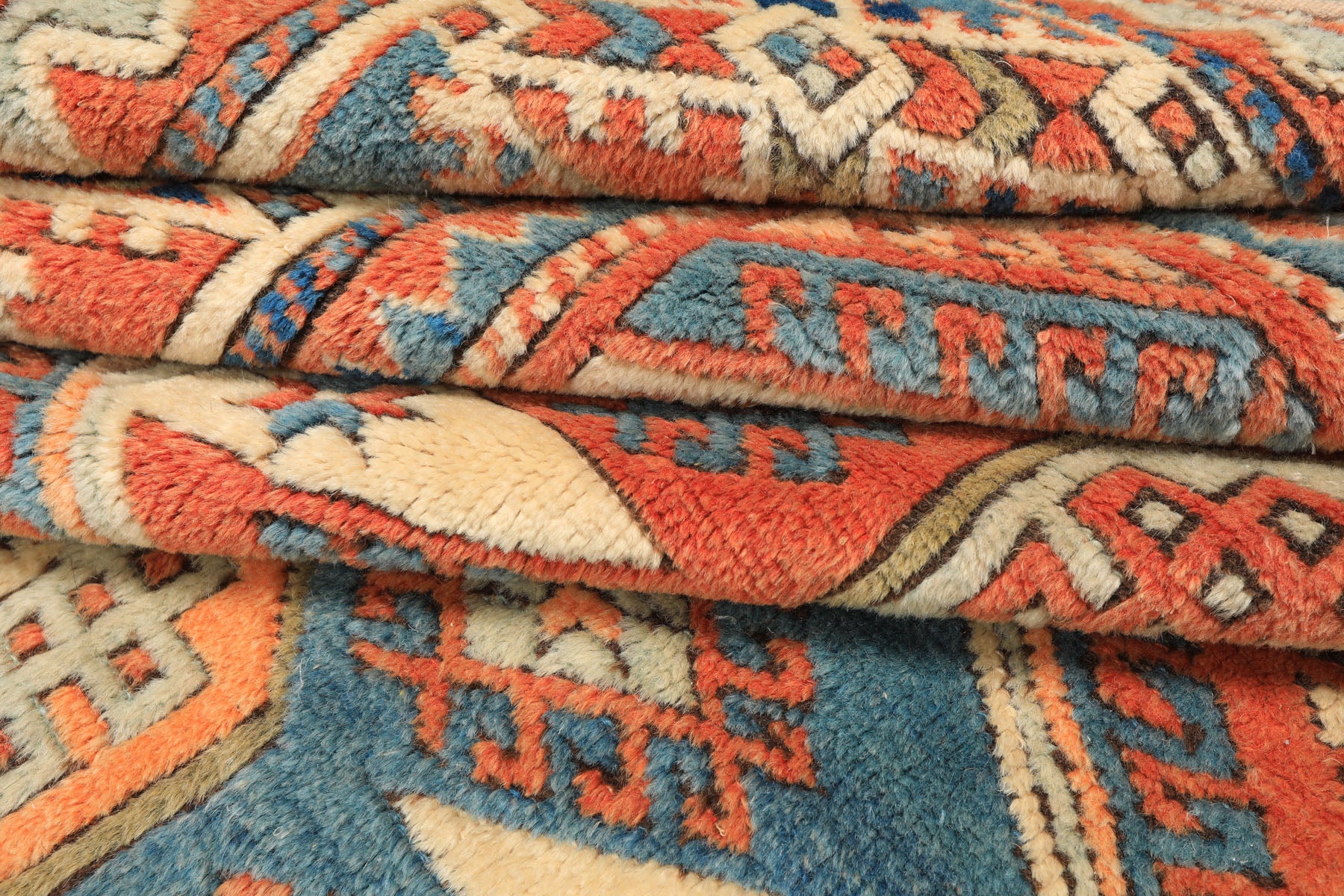 6x9 Burnt Orange, Ivory, Blue Color Hand Knotted Caucasian Kazak Wool Traditional Oriental Rug