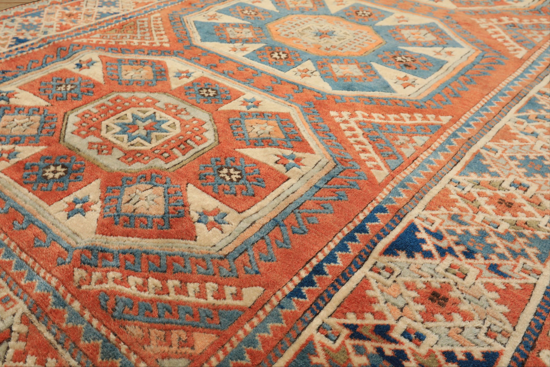 6x9 Burnt Orange, Ivory, Blue Color Hand Knotted Caucasian Kazak Wool Traditional Oriental Rug