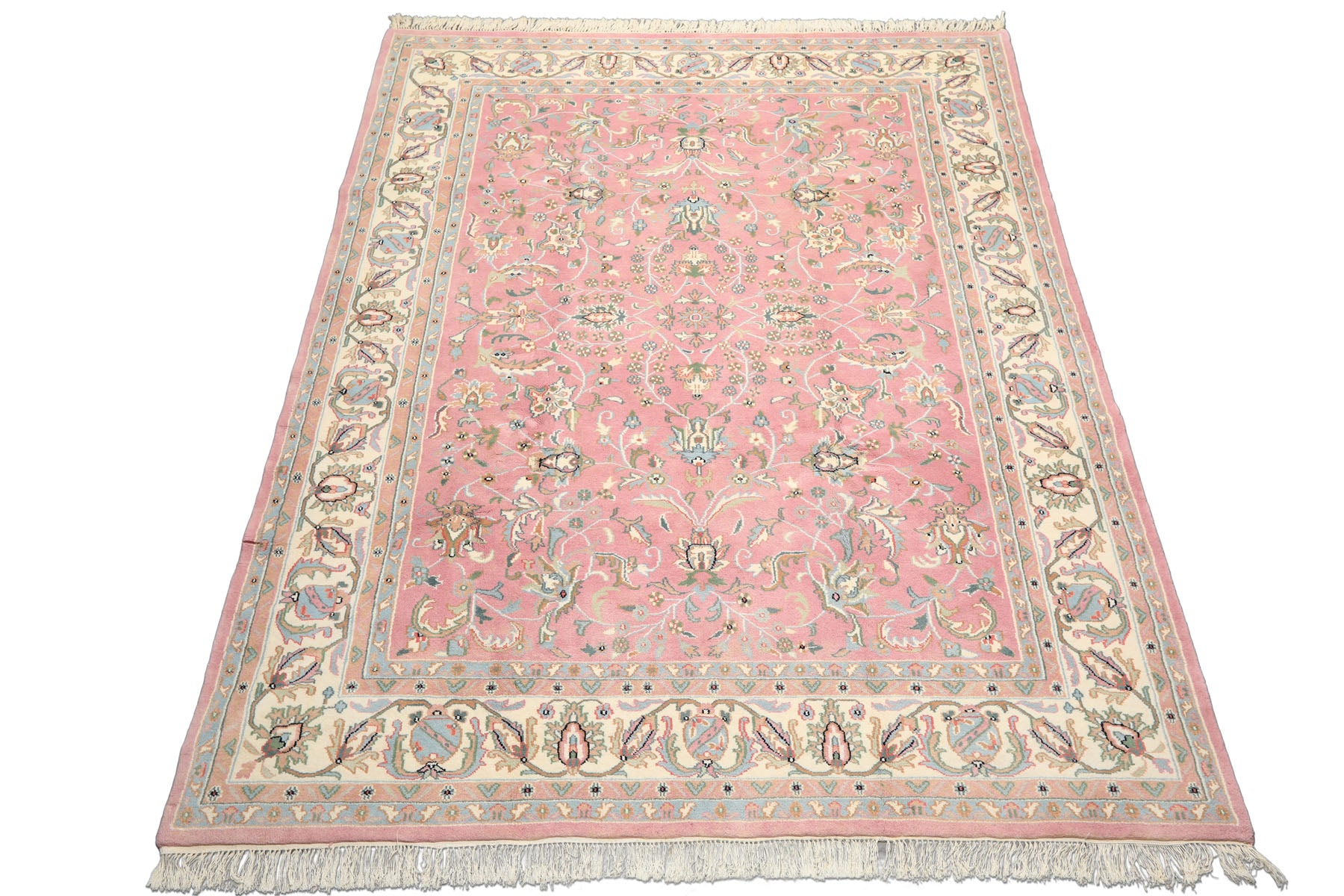 8x10 Dusty Rose, Ivory, Aqua Color Hand Knotted Indo Kashan Wool Traditional Oriental Rug