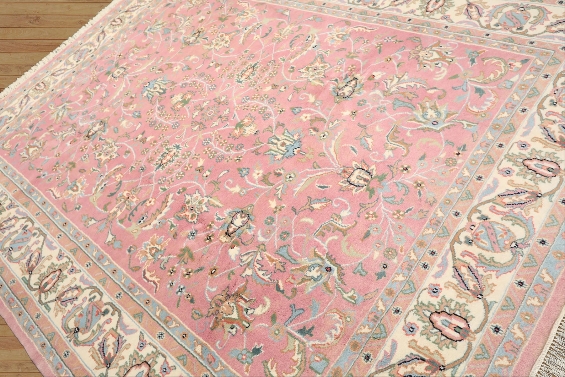 8x10 Dusty Rose, Ivory, Aqua Color Hand Knotted Indo Kashan Wool Traditional Oriental Rug