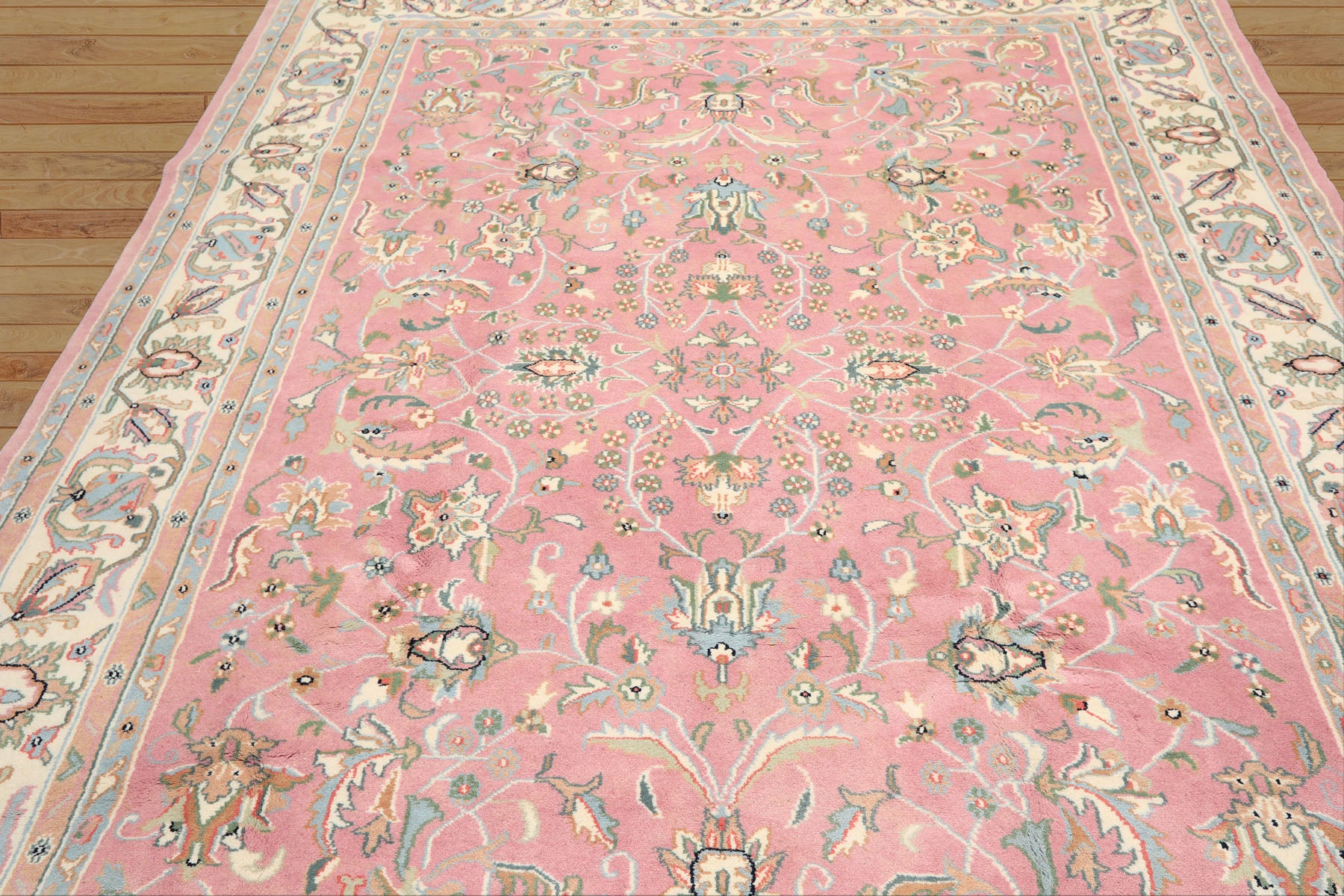 8x10 Dusty Rose, Ivory, Aqua Color Hand Knotted Indo Kashan Wool Traditional Oriental Rug