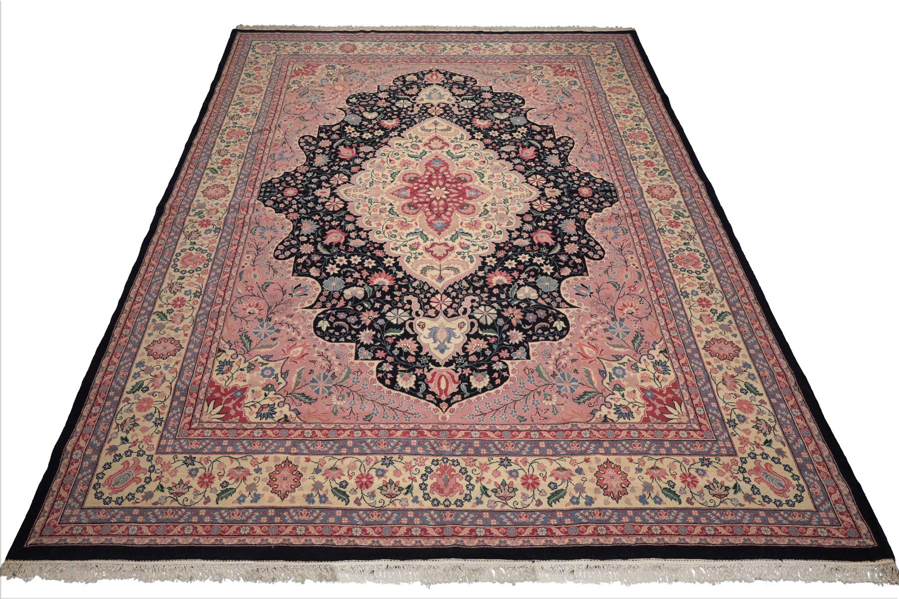 Palace Midnight Blue, Ivory, Pale Pink Color Hand Knotted Persian 100% Wool Traditional Oriental Rug