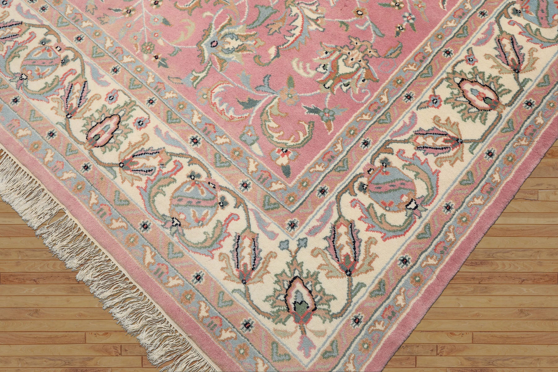 8x10 Dusty Rose, Ivory, Aqua Color Hand Knotted Indo Kashan Wool Traditional Oriental Rug