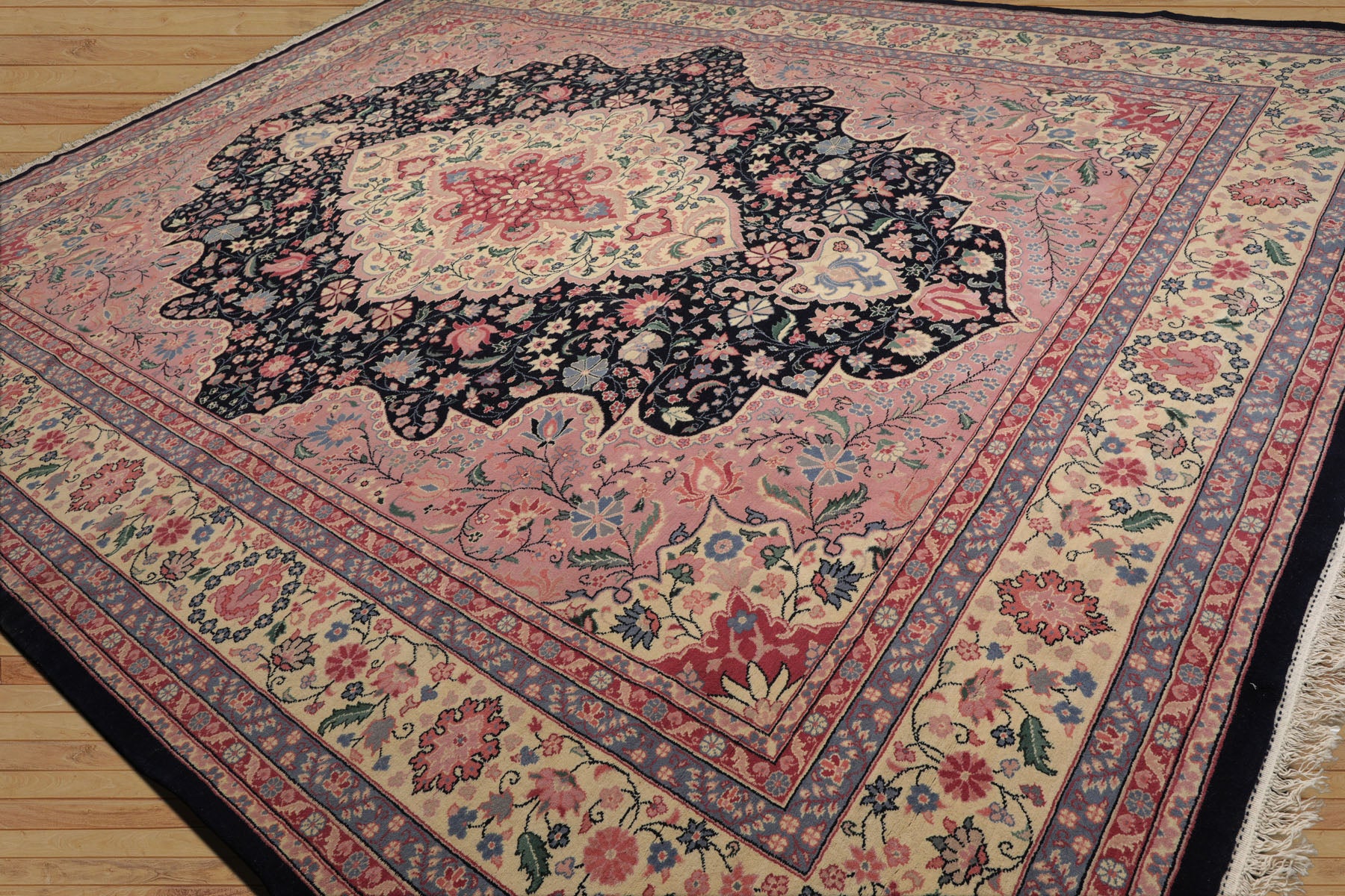 Palace Midnight Blue, Ivory, Pale Pink Color Hand Knotted Persian 100% Wool Traditional Oriental Rug