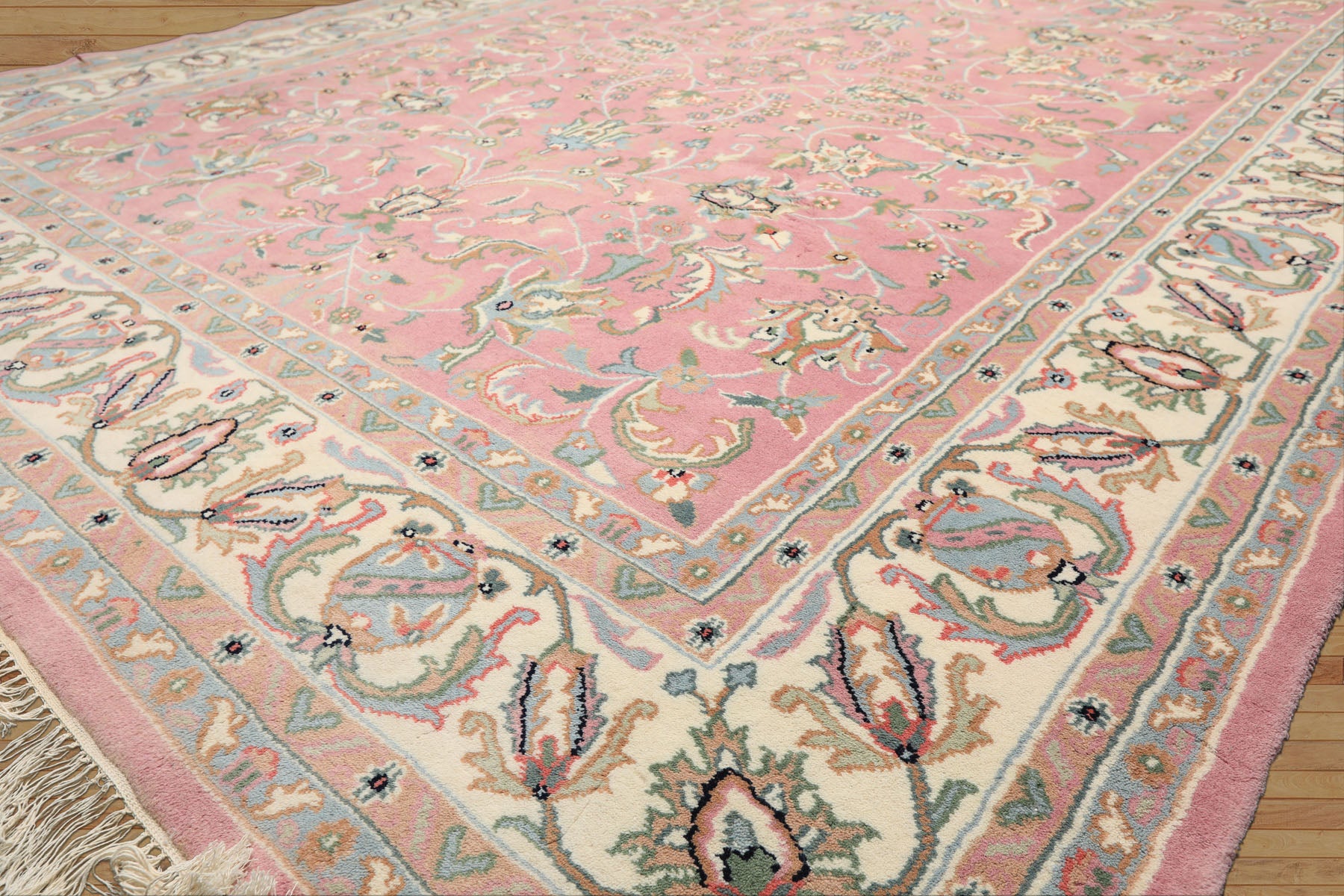 8x10 Dusty Rose, Ivory, Aqua Color Hand Knotted Indo Kashan Wool Traditional Oriental Rug