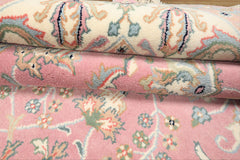8x10 Dusty Rose, Ivory, Aqua Color Hand Knotted Indo Kashan Wool Traditional Oriental Rug