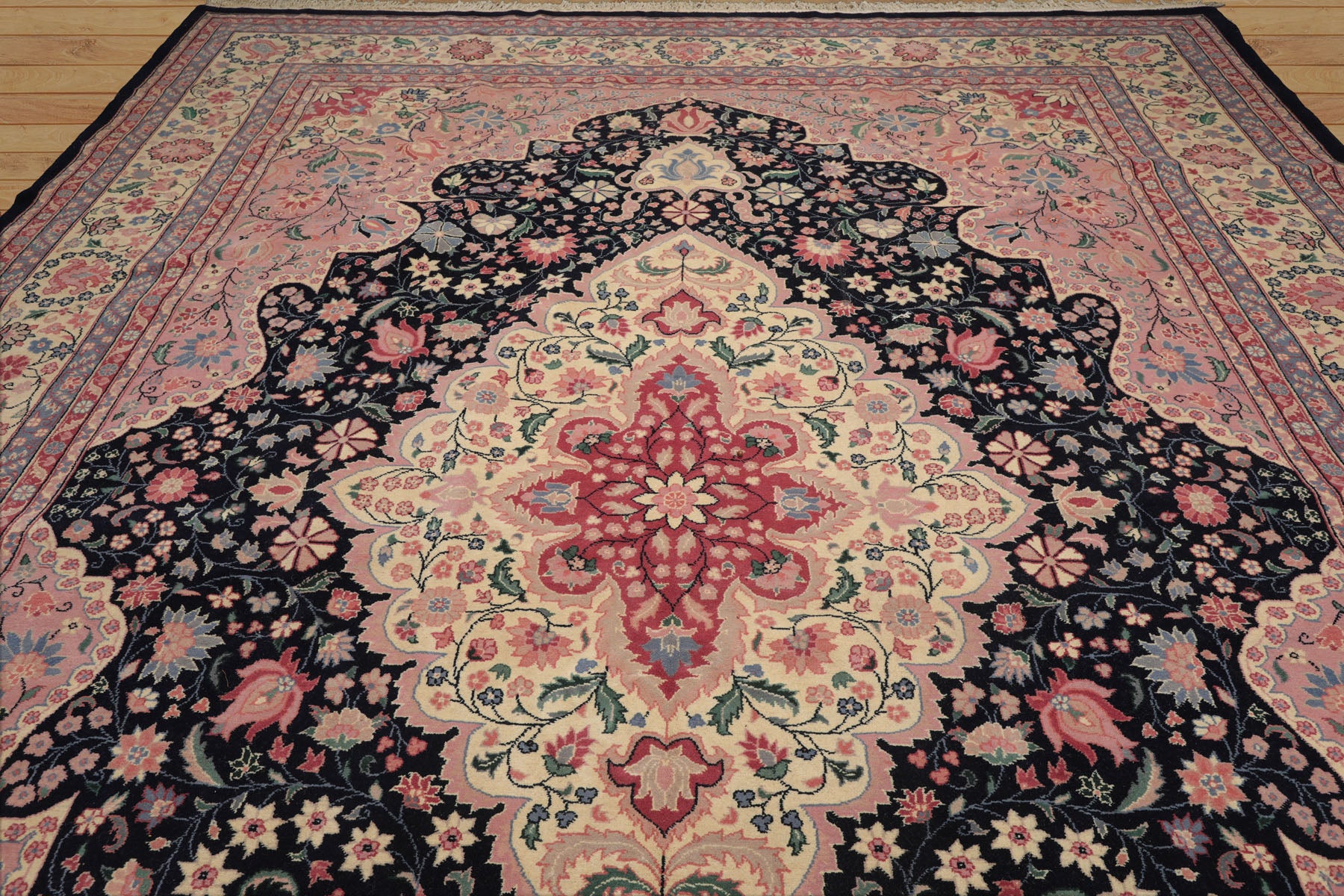 Palace Midnight Blue, Ivory, Pale Pink Color Hand Knotted Persian 100% Wool Traditional Oriental Rug