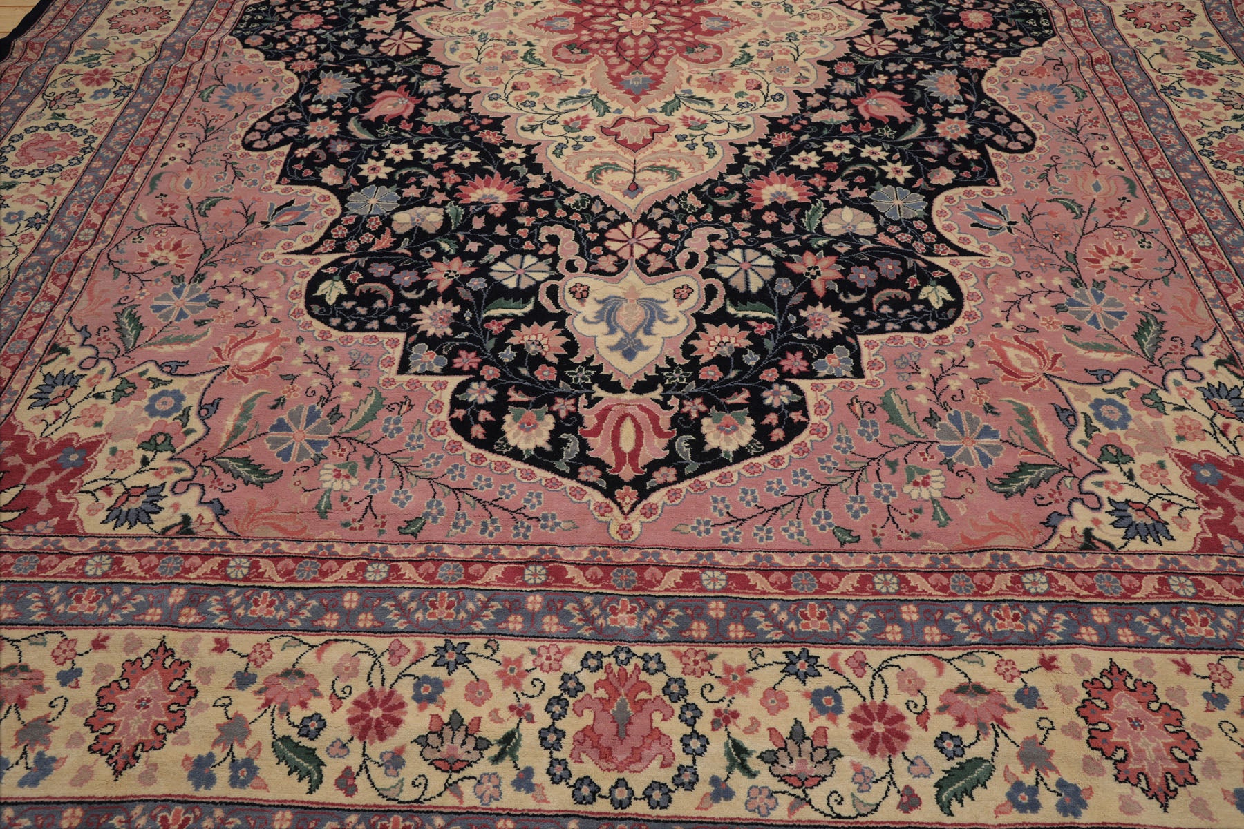 Palace Midnight Blue, Ivory, Pale Pink Color Hand Knotted Persian 100% Wool Traditional Oriental Rug
