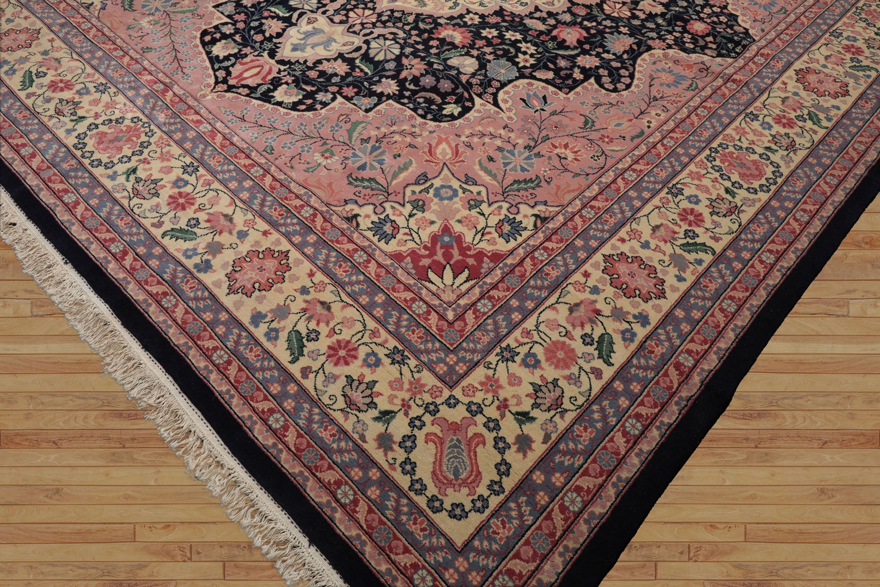 Palace Midnight Blue, Ivory, Pale Pink Color Hand Knotted Persian 100% Wool Traditional Oriental Rug