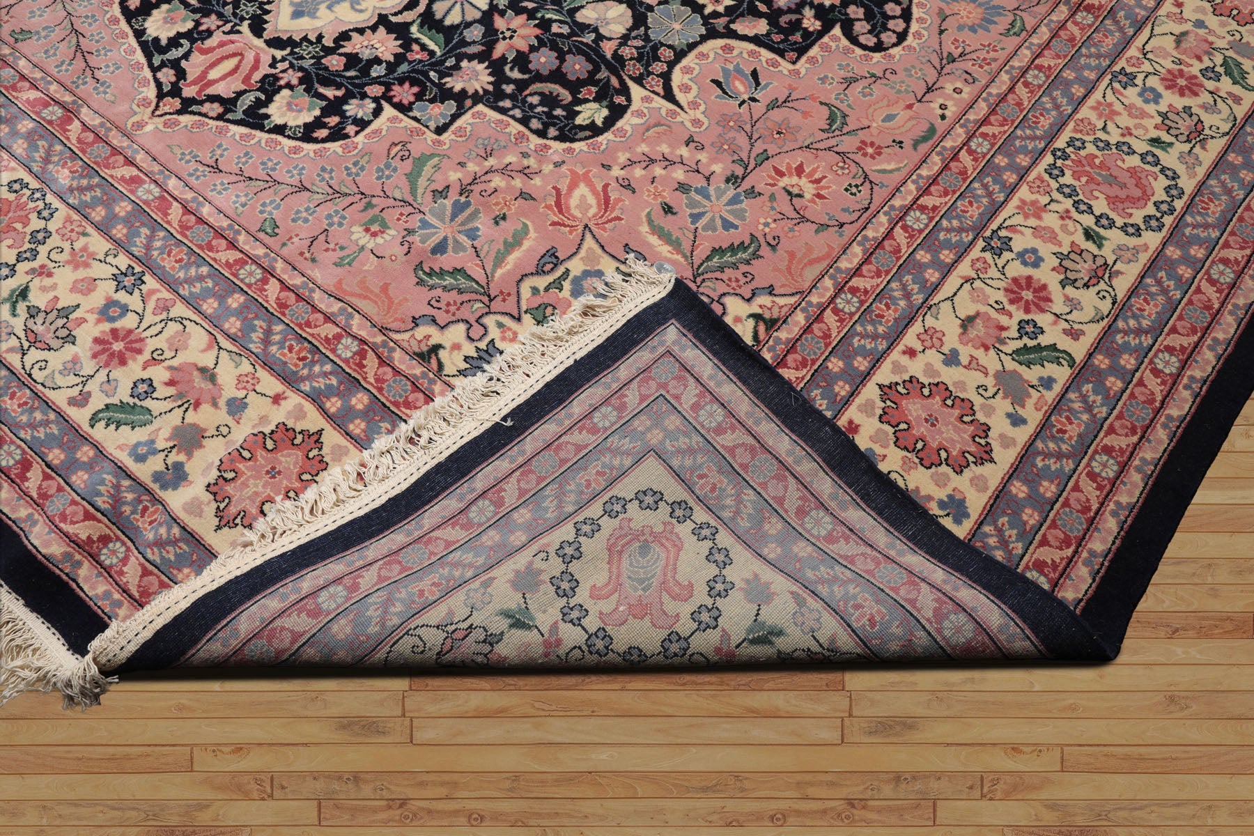 Palace Midnight Blue, Ivory, Pale Pink Color Hand Knotted Persian 100% Wool Traditional Oriental Rug