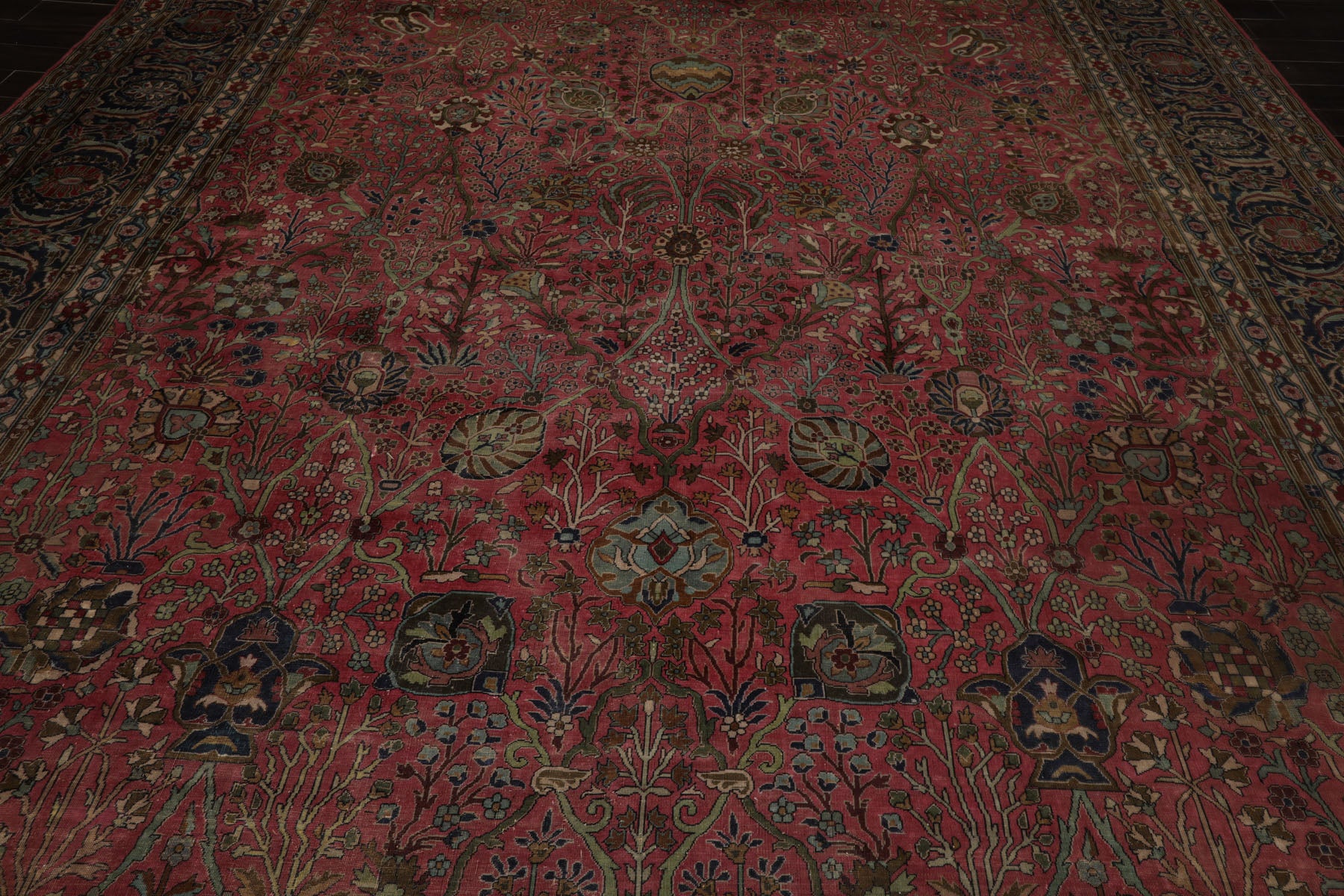 12x17 Antique Rose, Navy, Aqua Color Hand Knotted Antique Sarouk Wool Traditional Oriental Rug