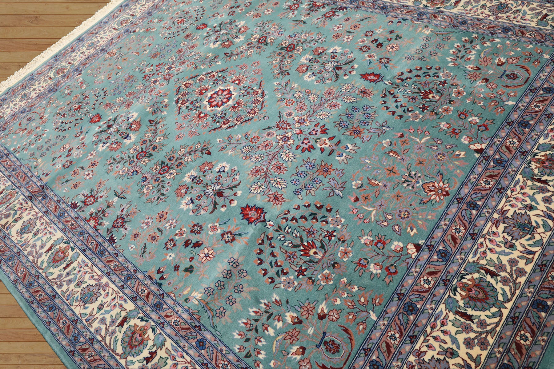 8x10 Turquoise, Ivory, Red Color Hand Knotted Indo Sarouk New Zealand Wool Traditional Oriental Rug