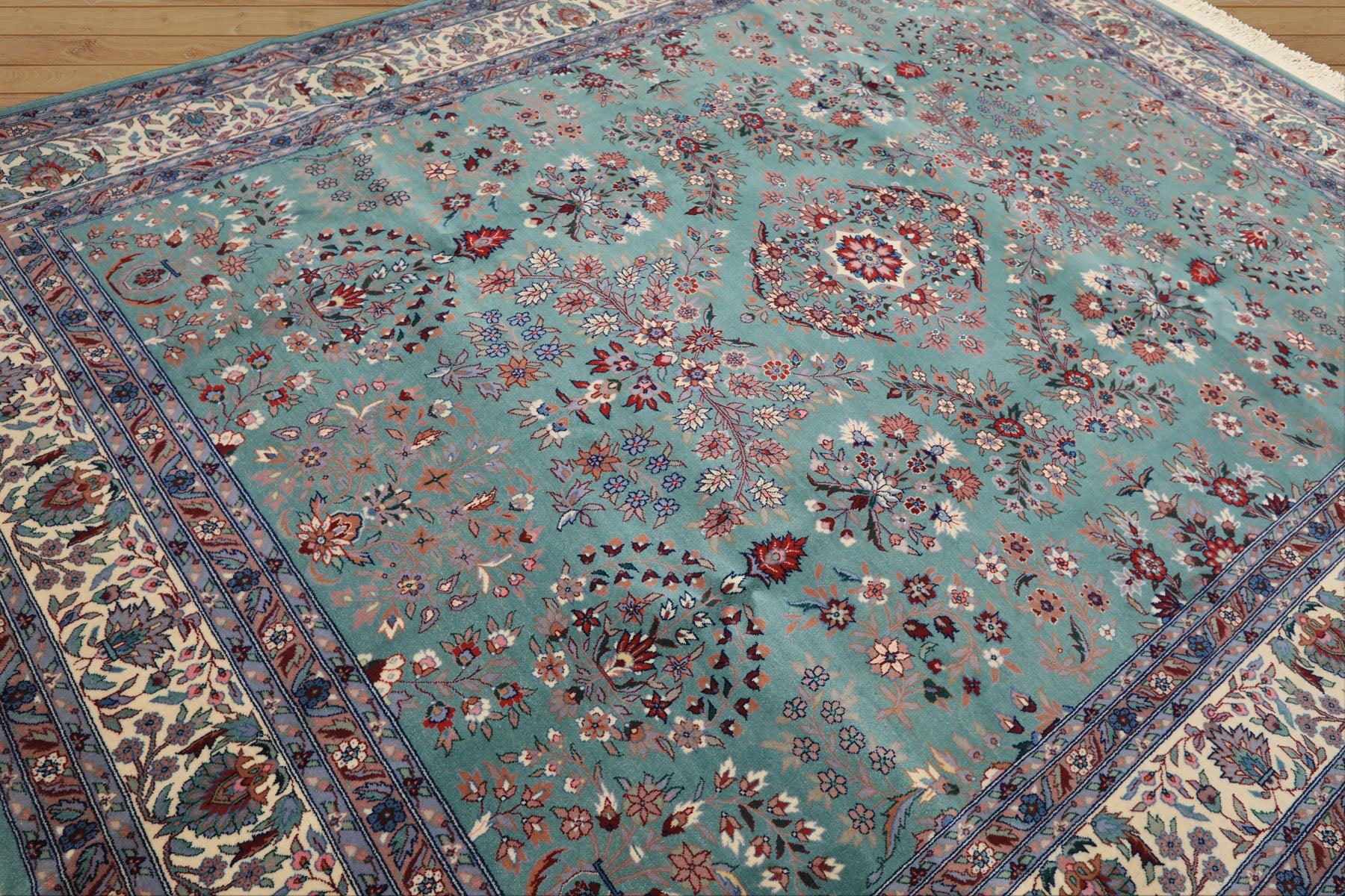 8x10 Turquoise, Ivory, Red Color Hand Knotted Indo Sarouk New Zealand Wool Traditional Oriental Rug