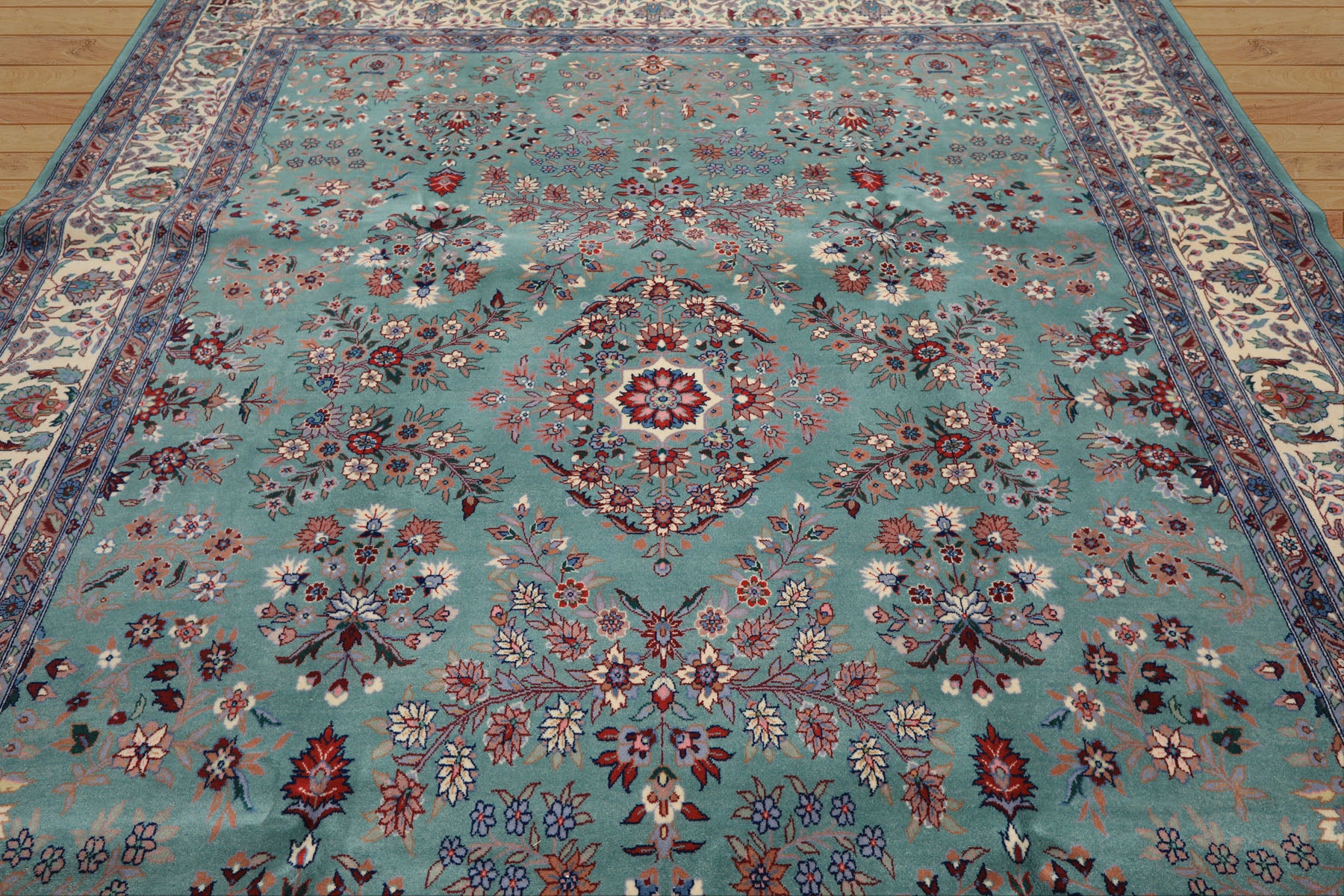 8x10 Turquoise, Ivory, Red Color Hand Knotted Indo Sarouk New Zealand Wool Traditional Oriental Rug