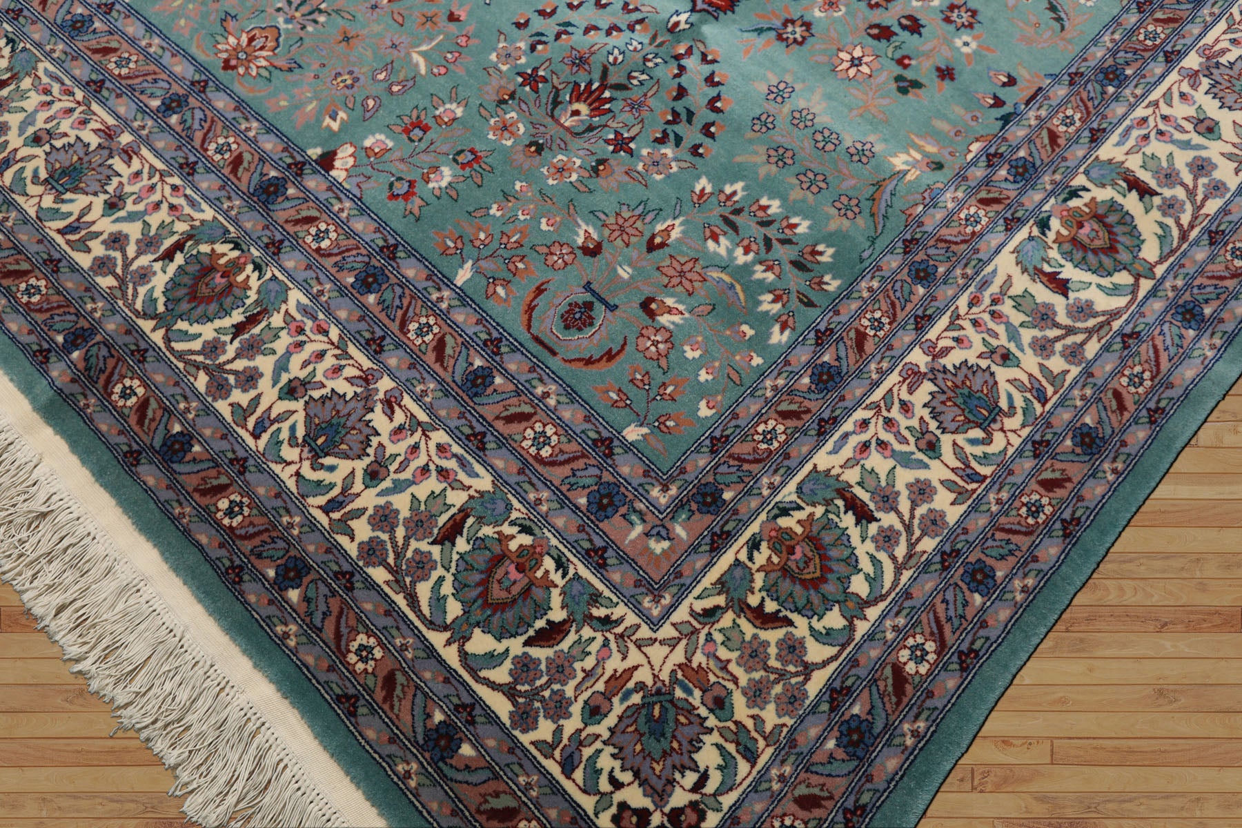 8x10 Turquoise, Ivory, Red Color Hand Knotted Indo Sarouk New Zealand Wool Traditional Oriental Rug
