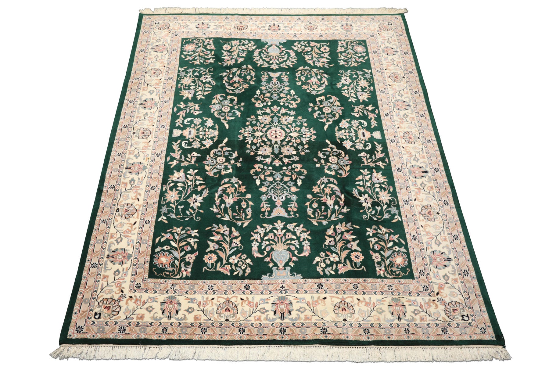 8x10 Emerald, Ivory, Blush Color Hand Knotted Indo Kashan Wool Traditional Oriental Rug