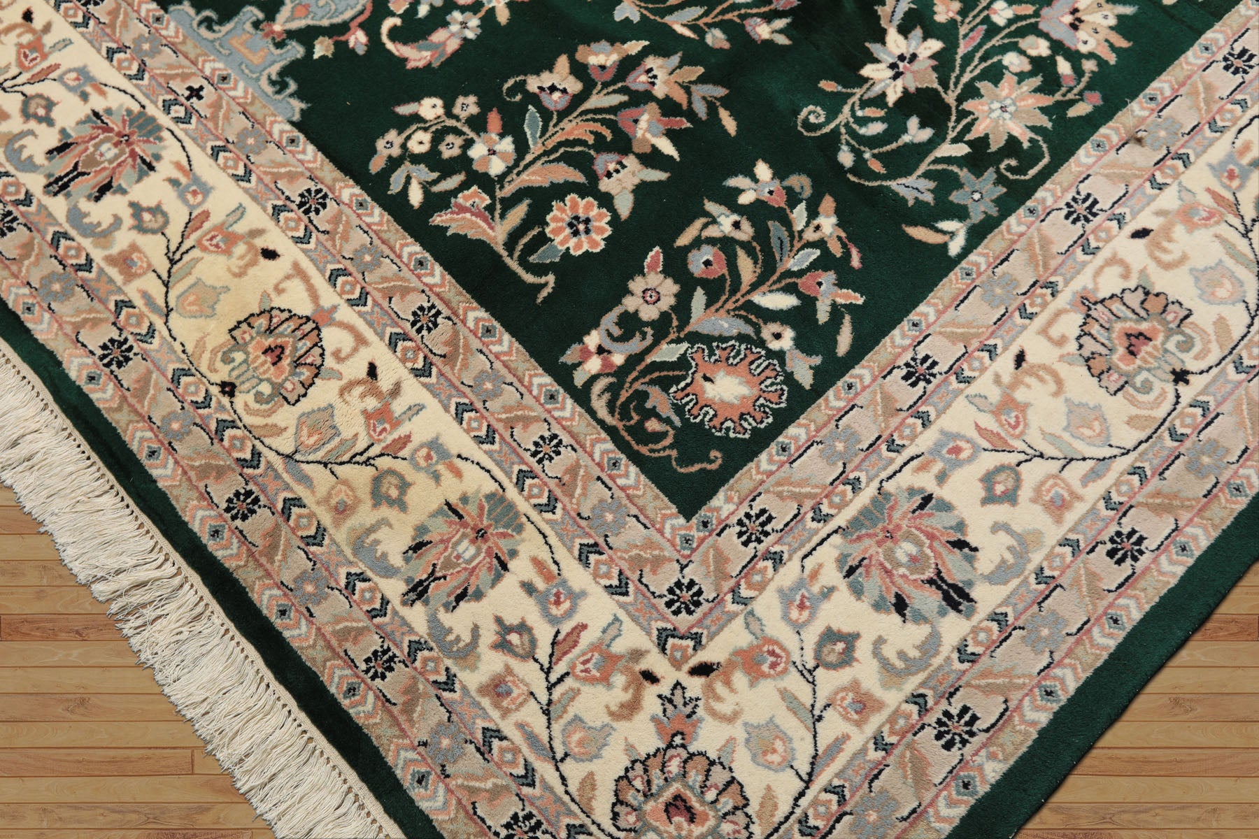 8x10 Emerald, Ivory, Blush Color Hand Knotted Indo Kashan Wool Traditional Oriental Rug