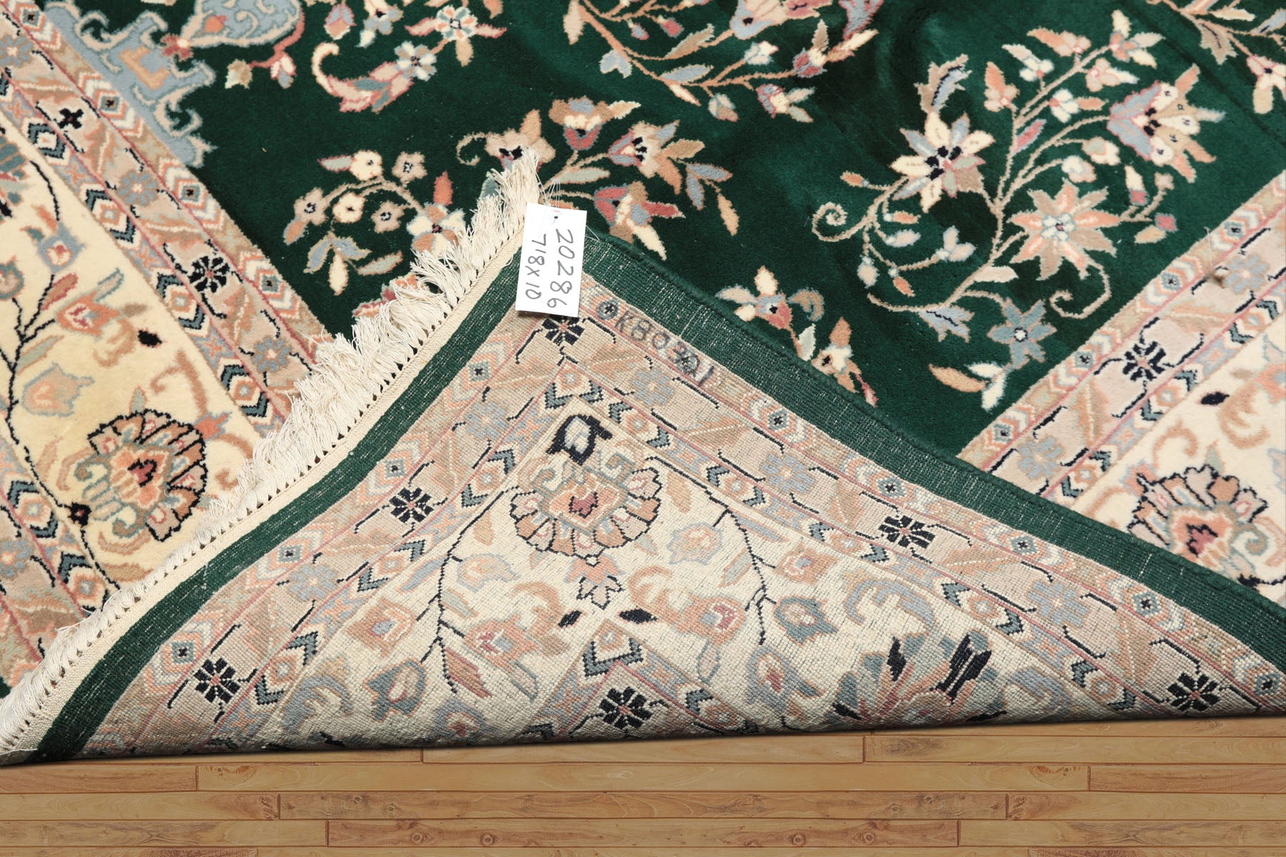 8x10 Emerald, Ivory, Blush Color Hand Knotted Indo Kashan Wool Traditional Oriental Rug