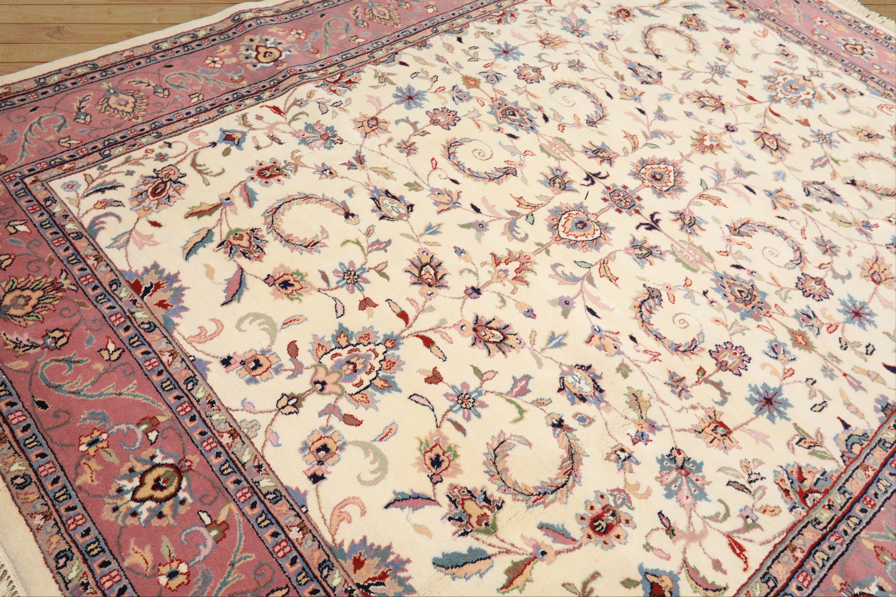 8x10 Ivory, Dusty Rose, Sage Color Hand Knotted Indo Kashan Wool Traditional Oriental Rug