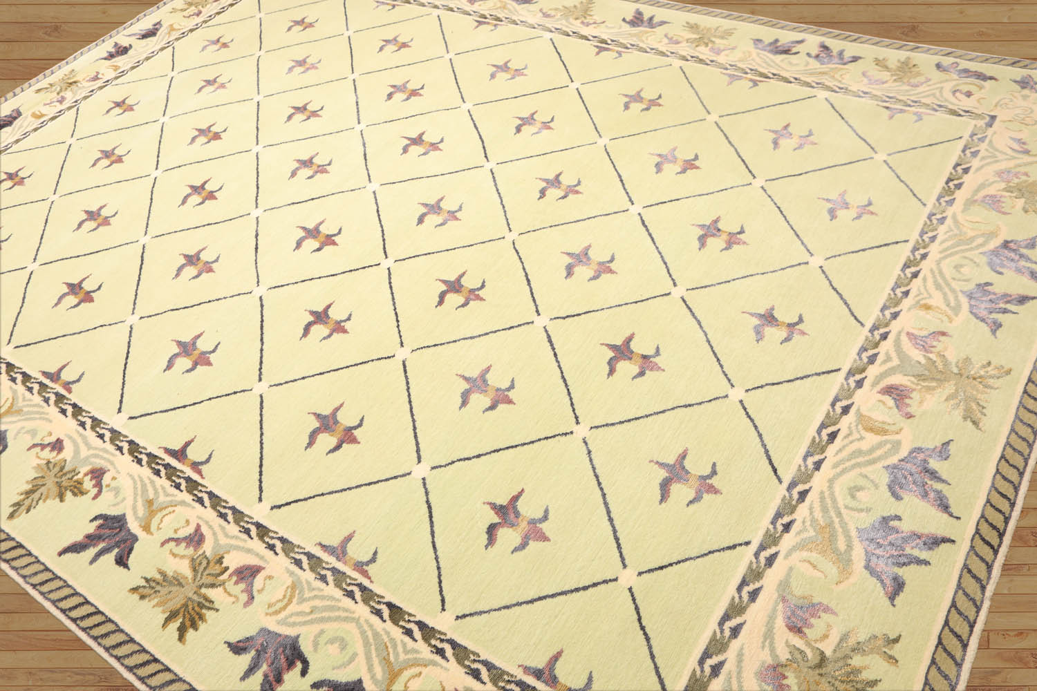 8x10 Pistachio, Ivory, Indigo Color Hand Knotted All-Over Wool & Silk Traditional-Persian/Oriental Oriental Rug