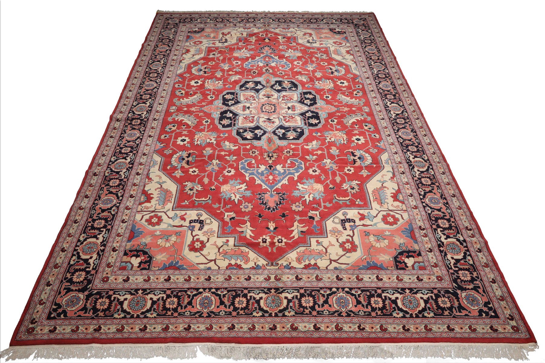 Palace Terracotta, Ivory, Midnight Blue Color Hand Knotted All-Over 100% Wool Traditional Oriental Rug