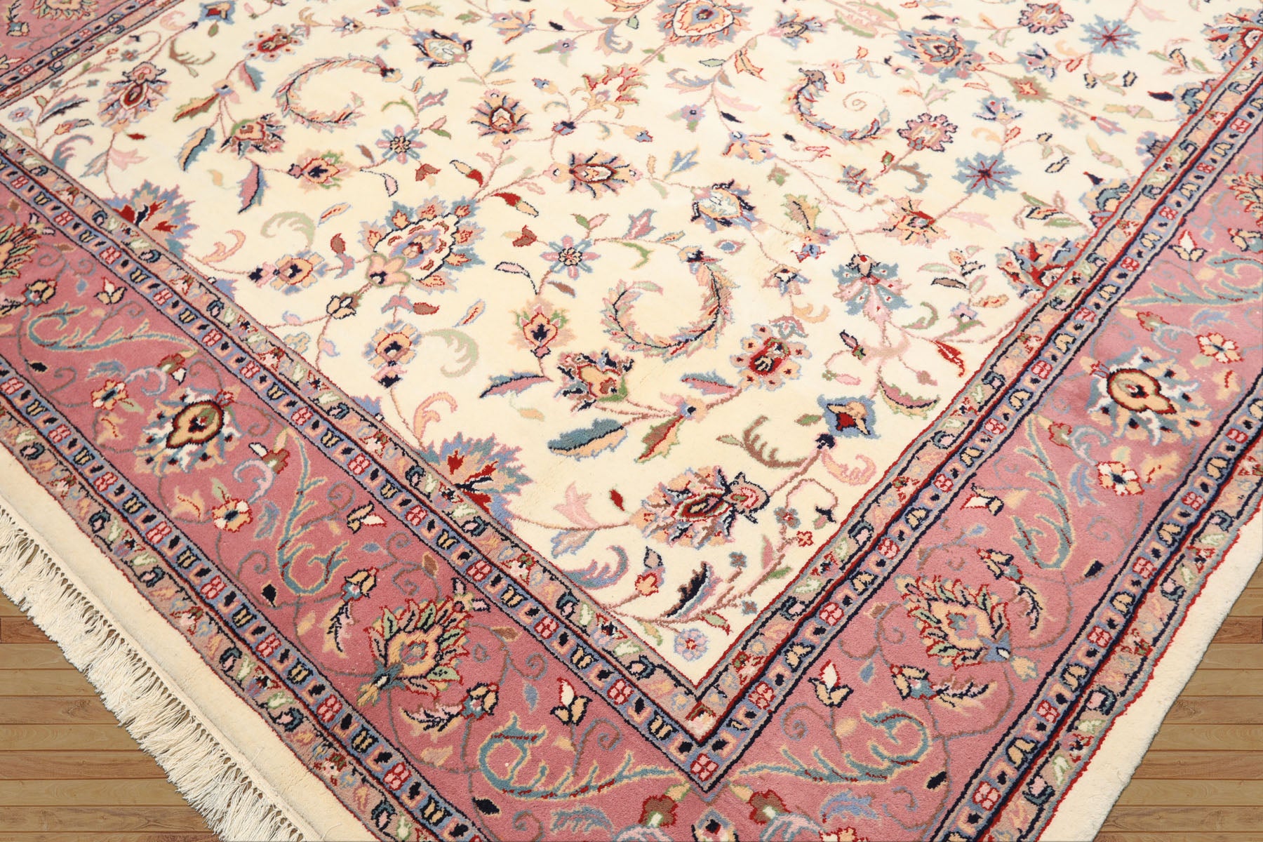 8x10 Ivory, Dusty Rose, Sage Color Hand Knotted Indo Kashan Wool Traditional Oriental Rug