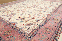 8x10 Ivory, Dusty Rose, Sage Color Hand Knotted Indo Kashan Wool Traditional Oriental Rug