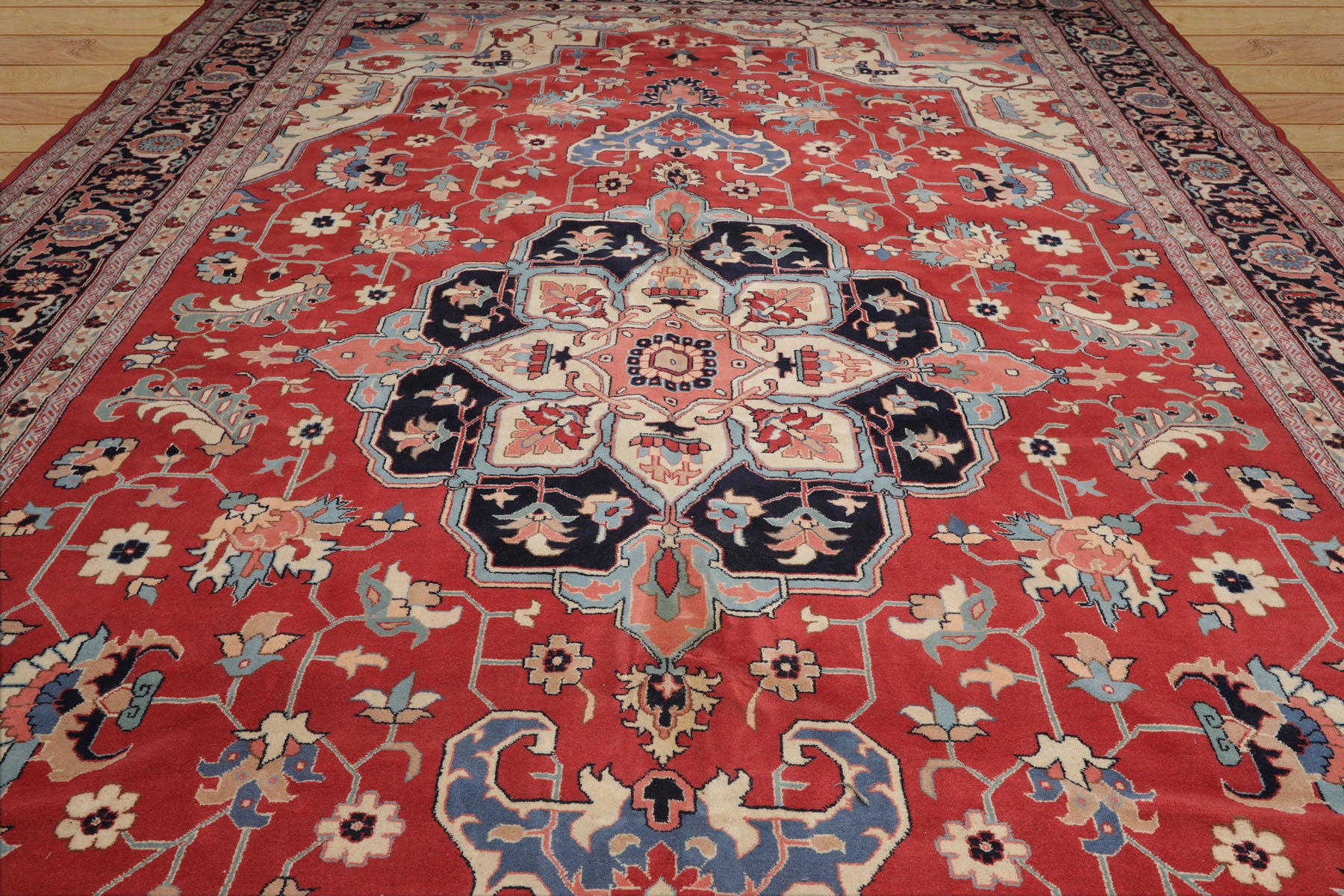 Palace Terracotta, Ivory, Midnight Blue Color Hand Knotted All-Over 100% Wool Traditional Oriental Rug