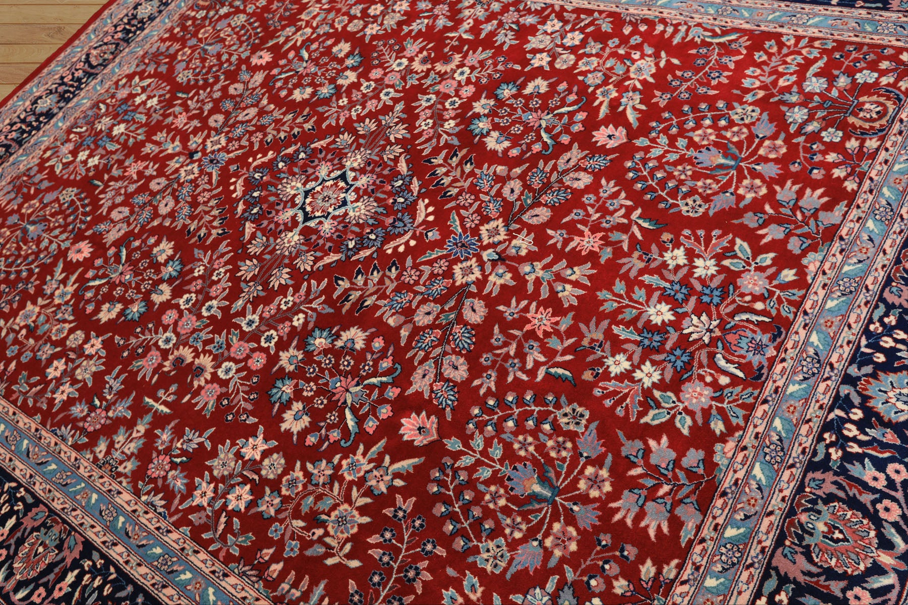 8x10 Red, Navy, Aqua Color Hand Knotted Indo Sarouk New Zealand Wool Traditional Oriental Rug