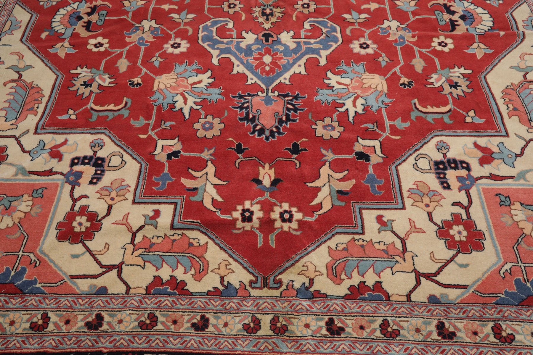 Palace Terracotta, Ivory, Midnight Blue Color Hand Knotted All-Over 100% Wool Traditional Oriental Rug