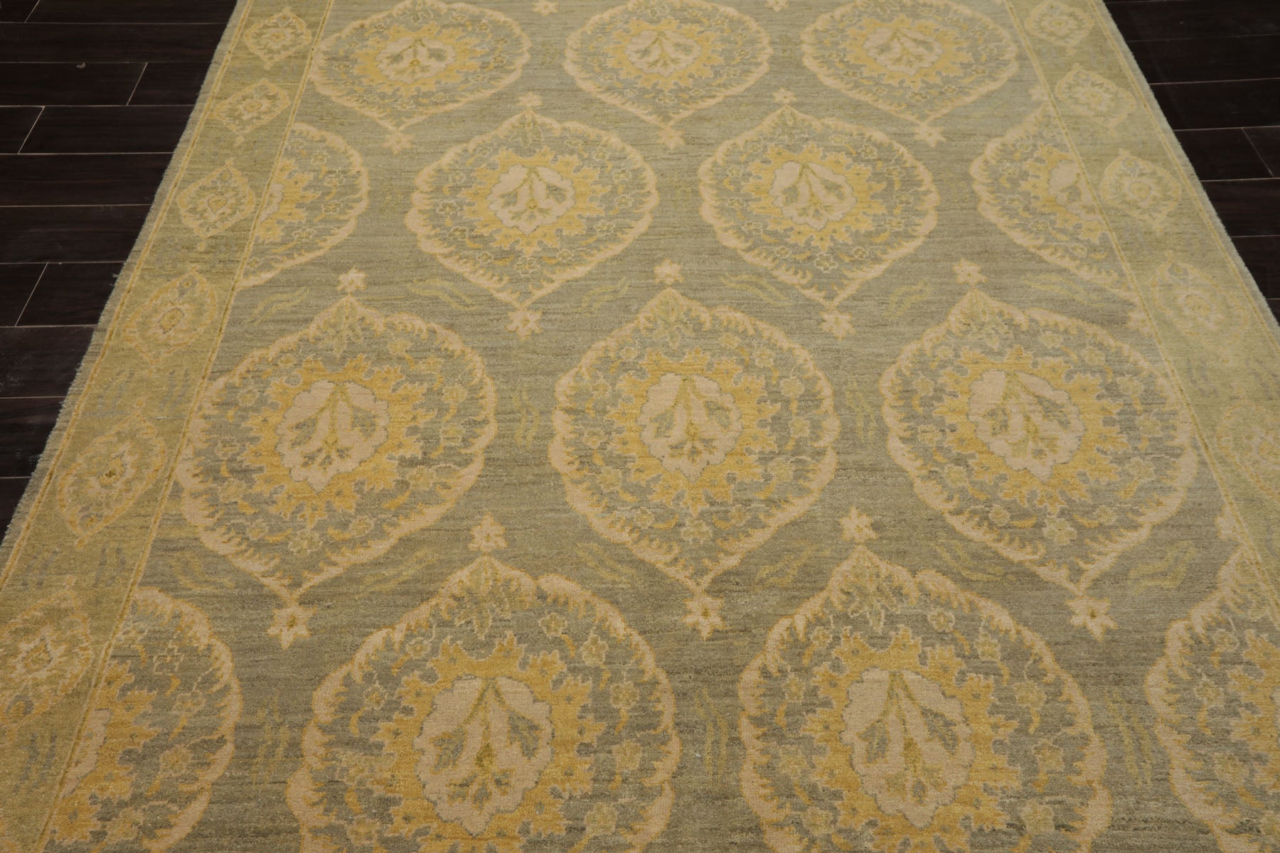 6x9 Celadon, Mint, Gold Color Hand Knotted Tibetan Wool Transitional Oriental Rug