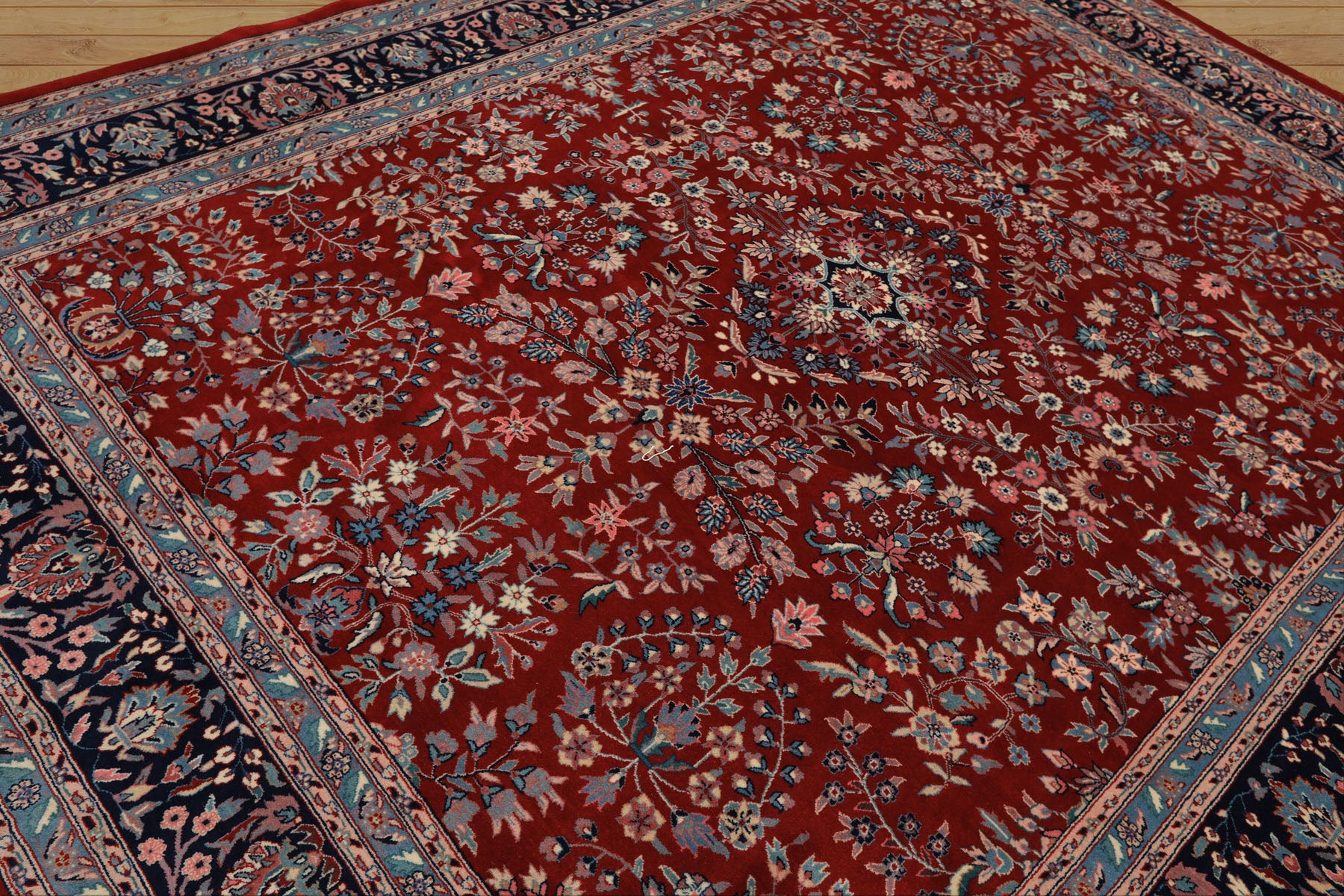 8x10 Red, Navy, Aqua Color Hand Knotted Indo Sarouk New Zealand Wool Traditional Oriental Rug