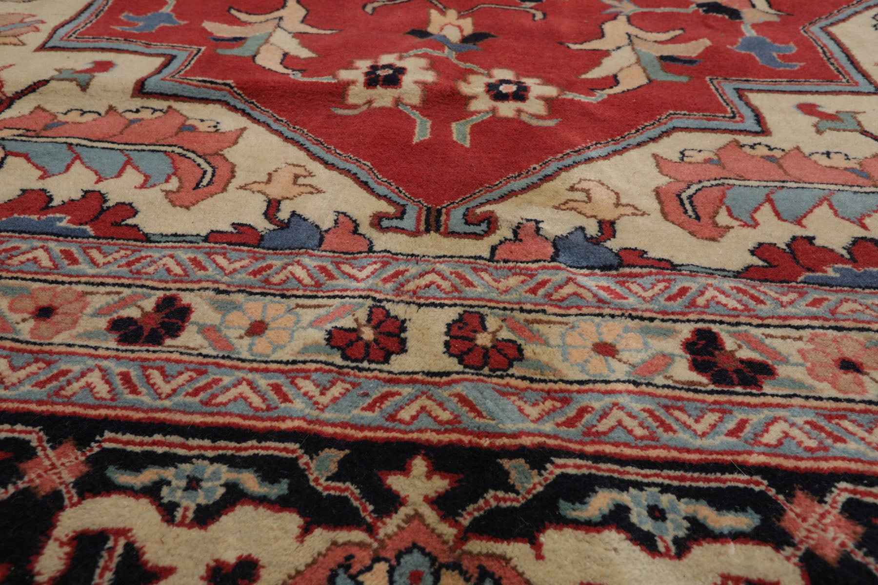 Palace Terracotta, Ivory, Midnight Blue Color Hand Knotted All-Over 100% Wool Traditional Oriental Rug