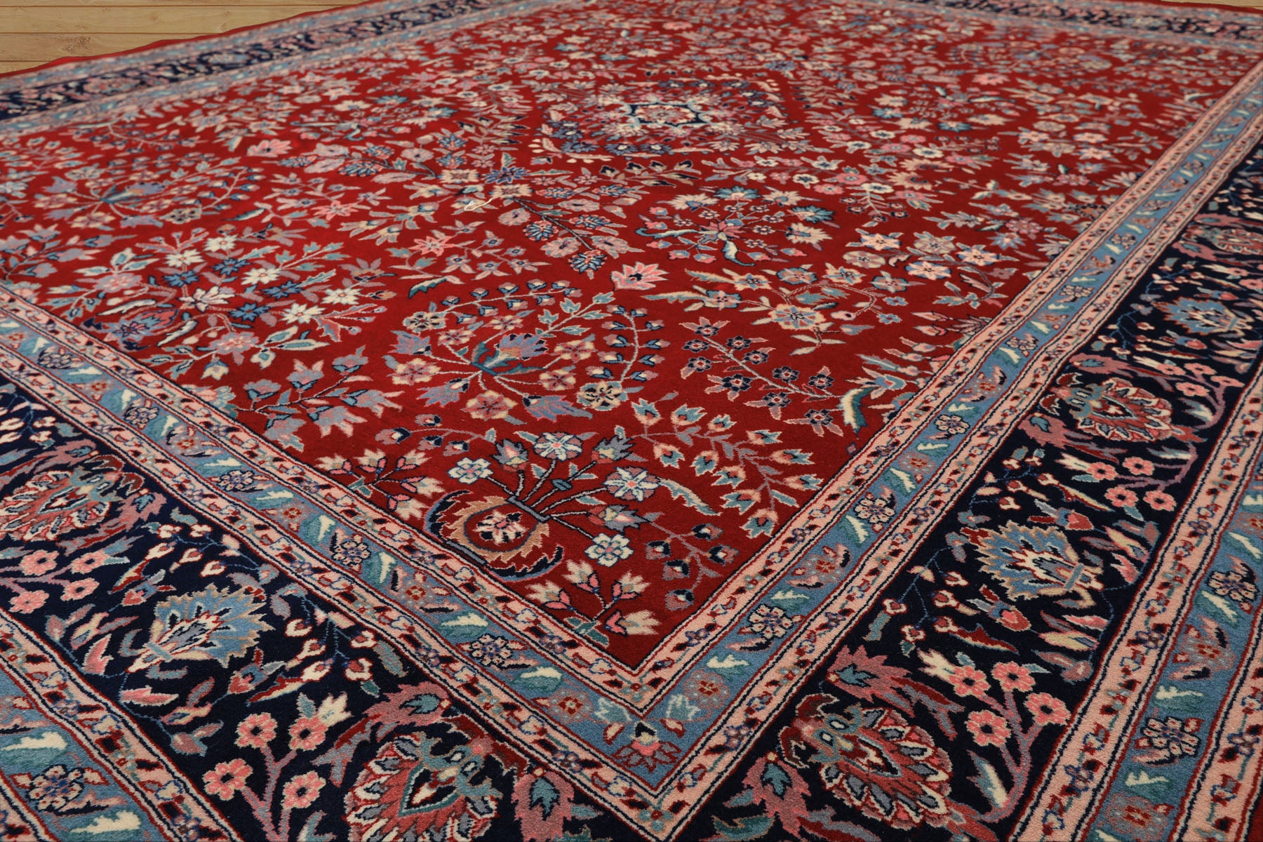 8x10 Red, Navy, Aqua Color Hand Knotted Indo Sarouk New Zealand Wool Traditional Oriental Rug