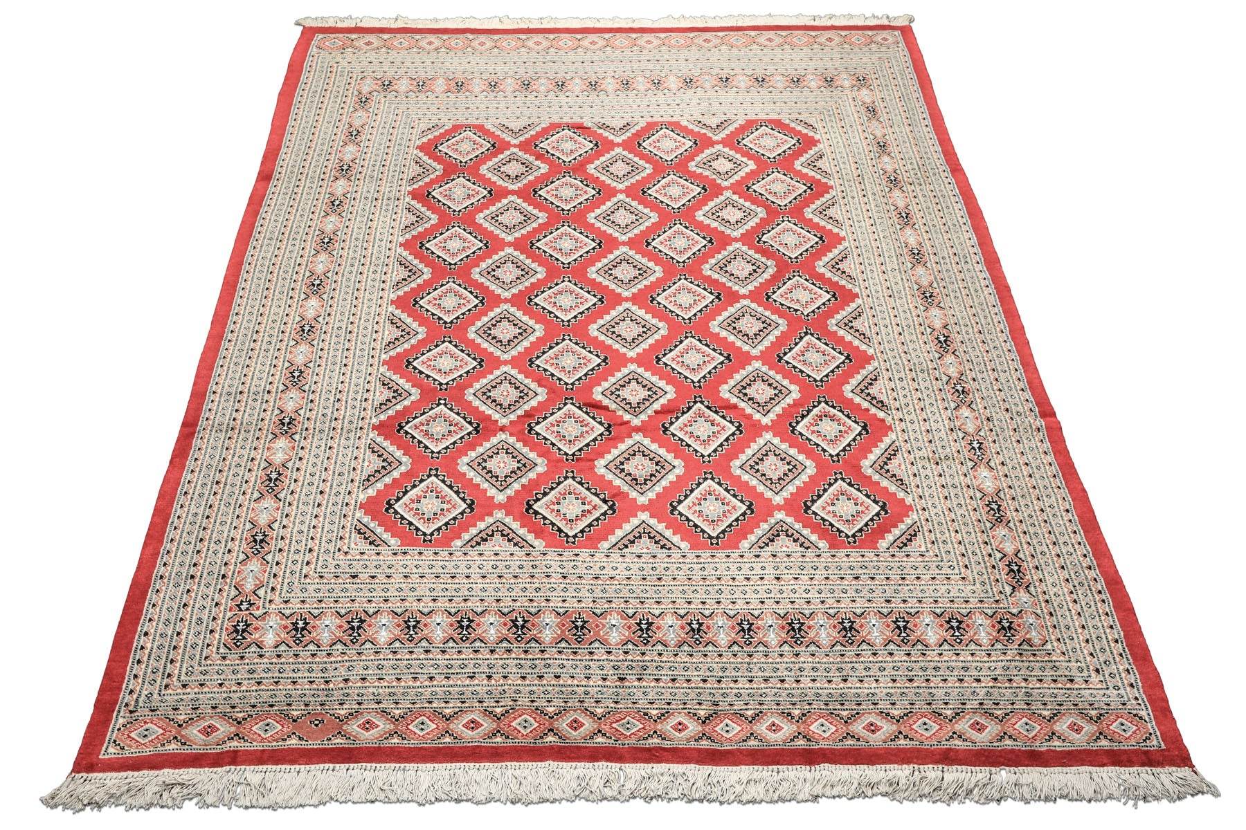 8x11 Coral, Ivory, Charcoal Color Hand Knotted Bokhara Wool Traditional Oriental Rug