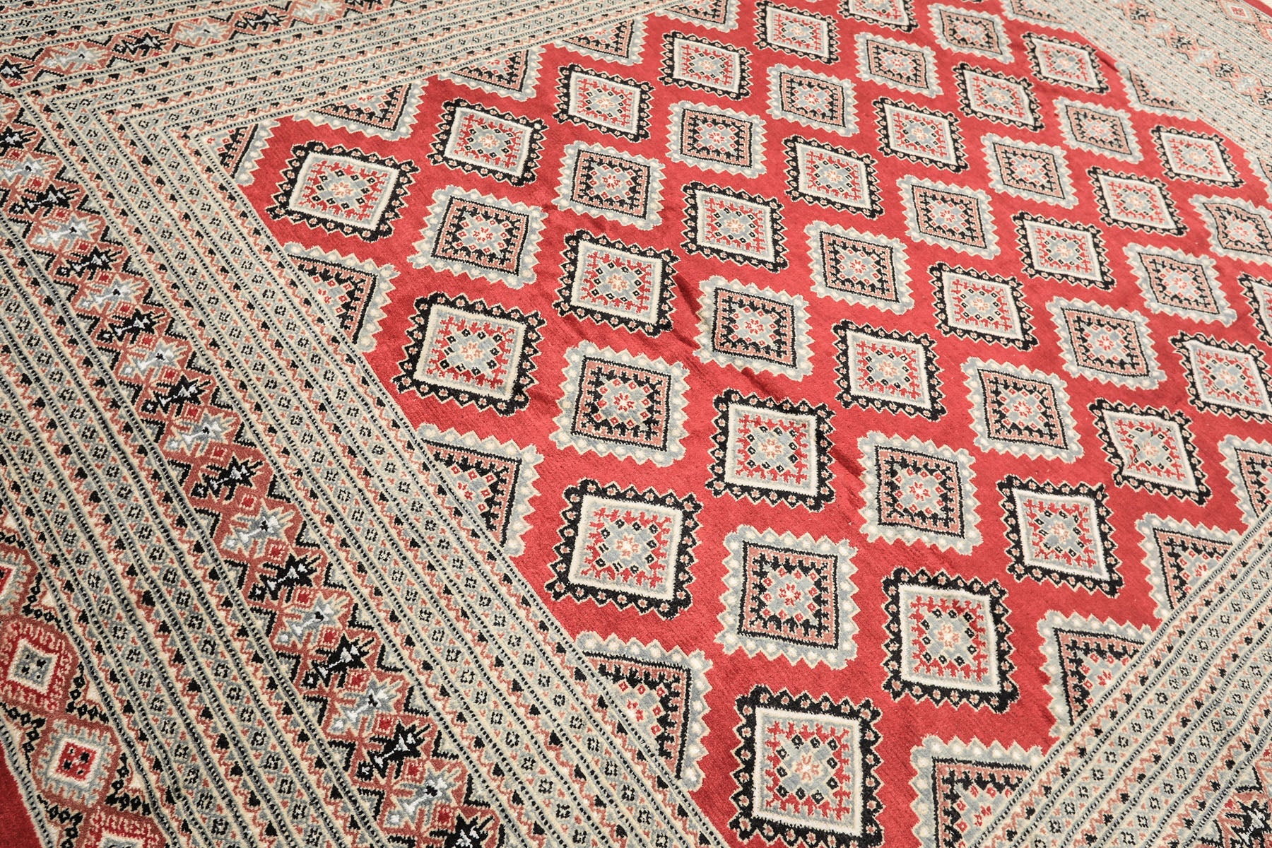 8x11 Coral, Ivory, Charcoal Color Hand Knotted Bokhara Wool Traditional Oriental Rug