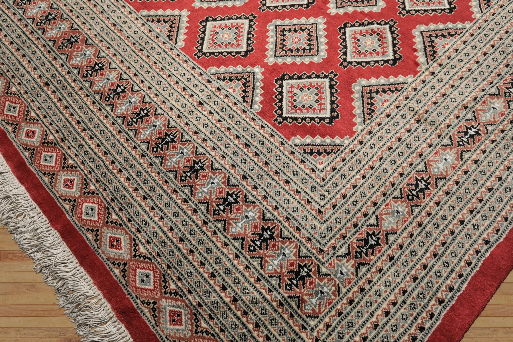 8x11 Coral, Ivory, Charcoal Color Hand Knotted Bokhara Wool Traditional Oriental Rug