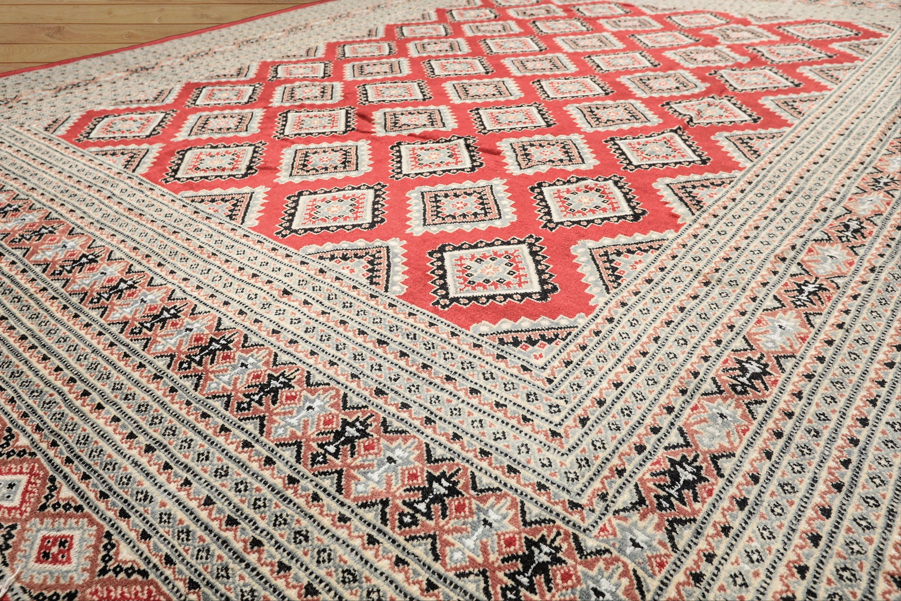 8x11 Coral, Ivory, Charcoal Color Hand Knotted Bokhara Wool Traditional Oriental Rug