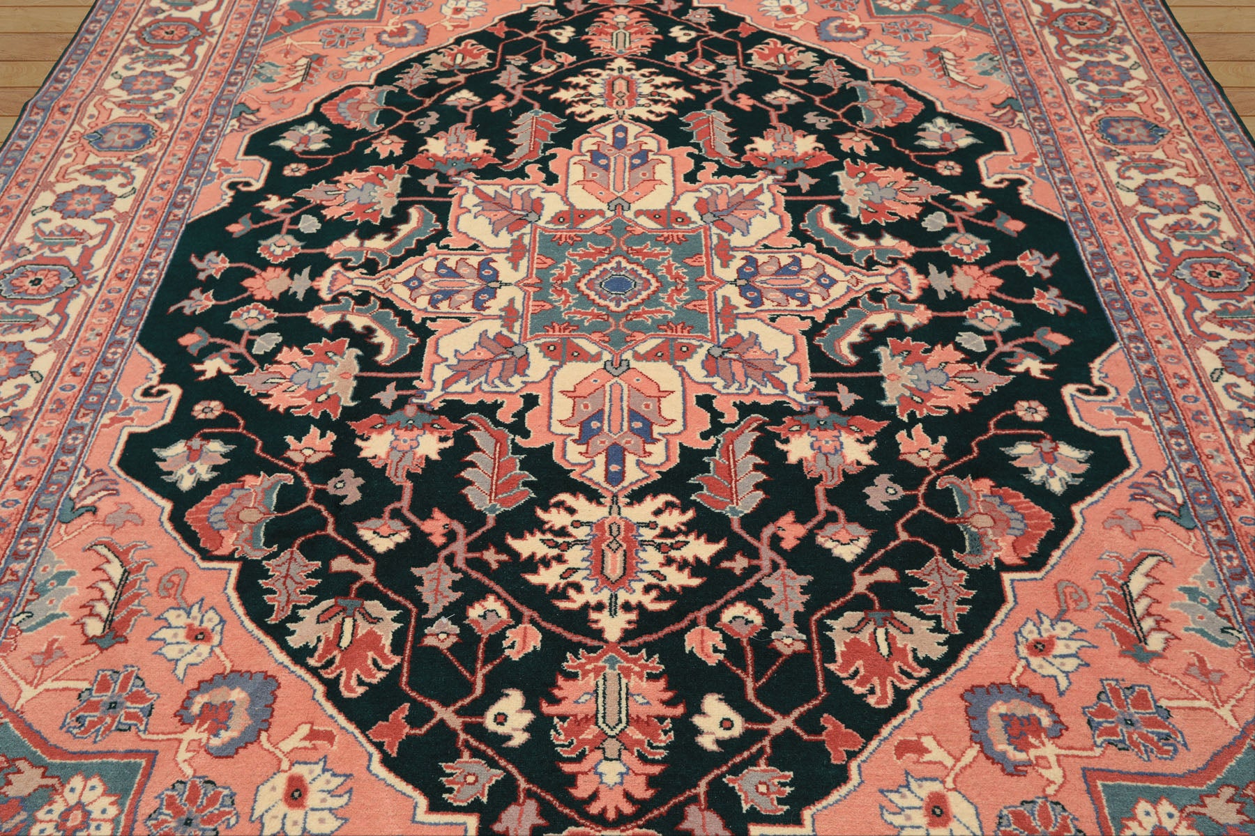 8x10 Emerald, Blush, Ivory Color Hand Knotted Indo Heriz Wool Traditional Oriental Rug