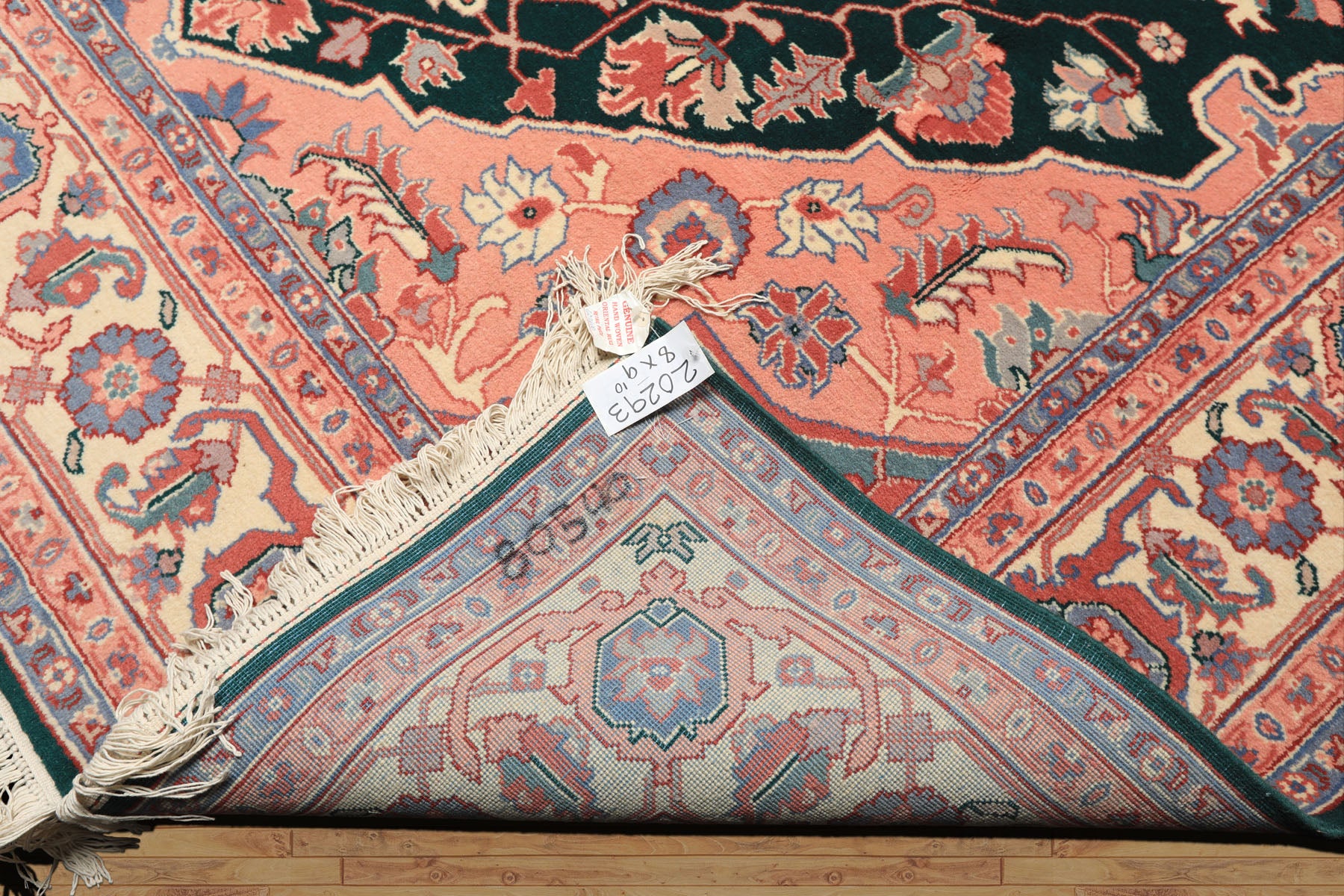 8x10 Emerald, Blush, Ivory Color Hand Knotted Indo Heriz Wool Traditional Oriental Rug