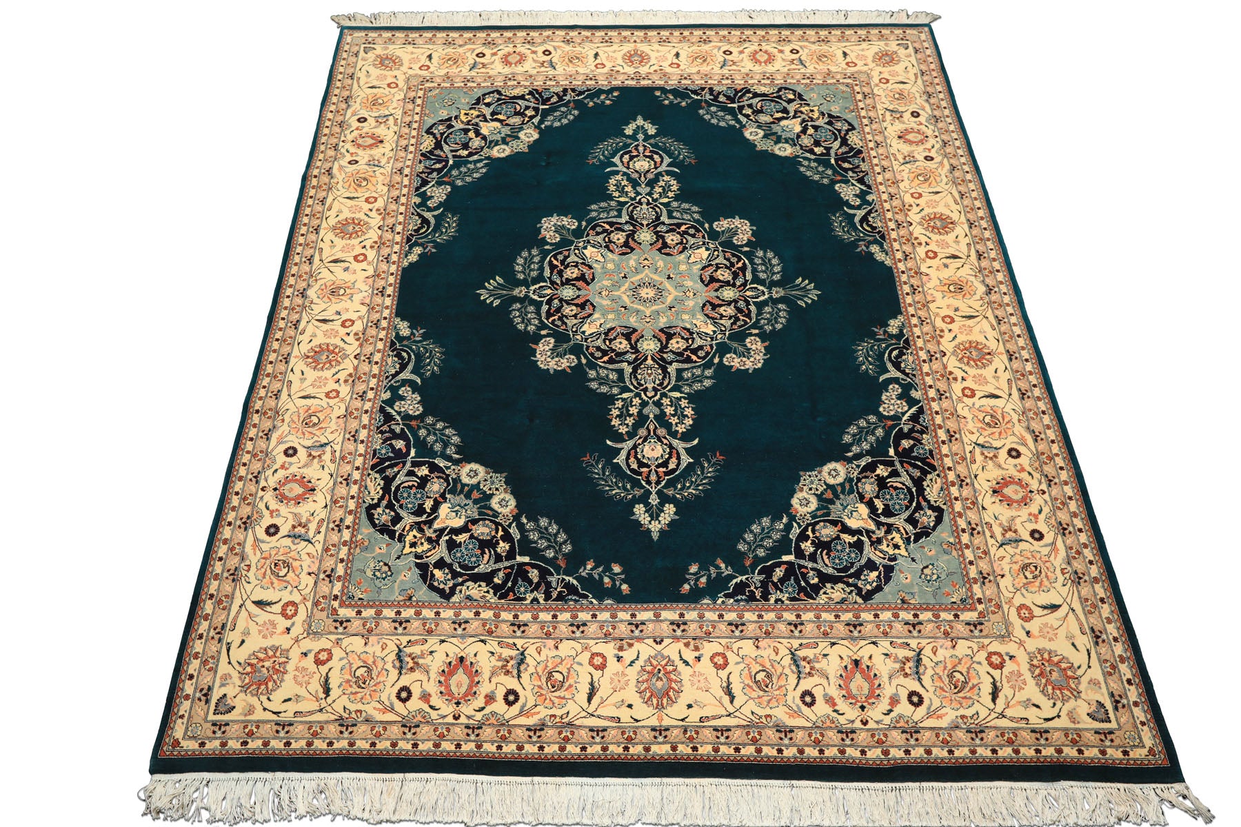 8x10 Teal, Ivory, Navy Color Hand Knotted Pak Persian New Zealand Wool Traditional Oriental Rug