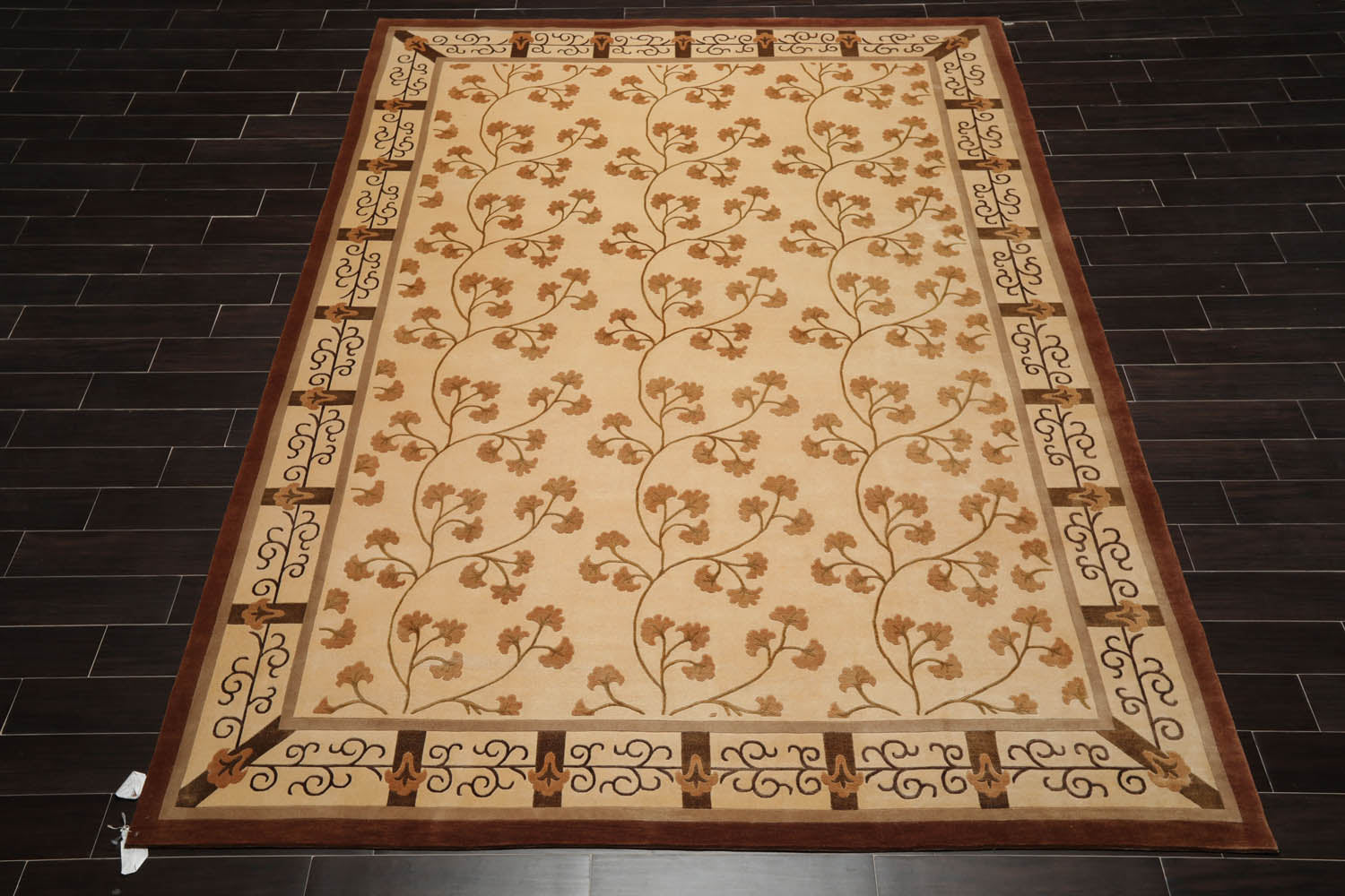 8x10 Beige, Brown, Caramel Color Hand Knotted All-Over Wool & Silk Transitional Oriental Rug